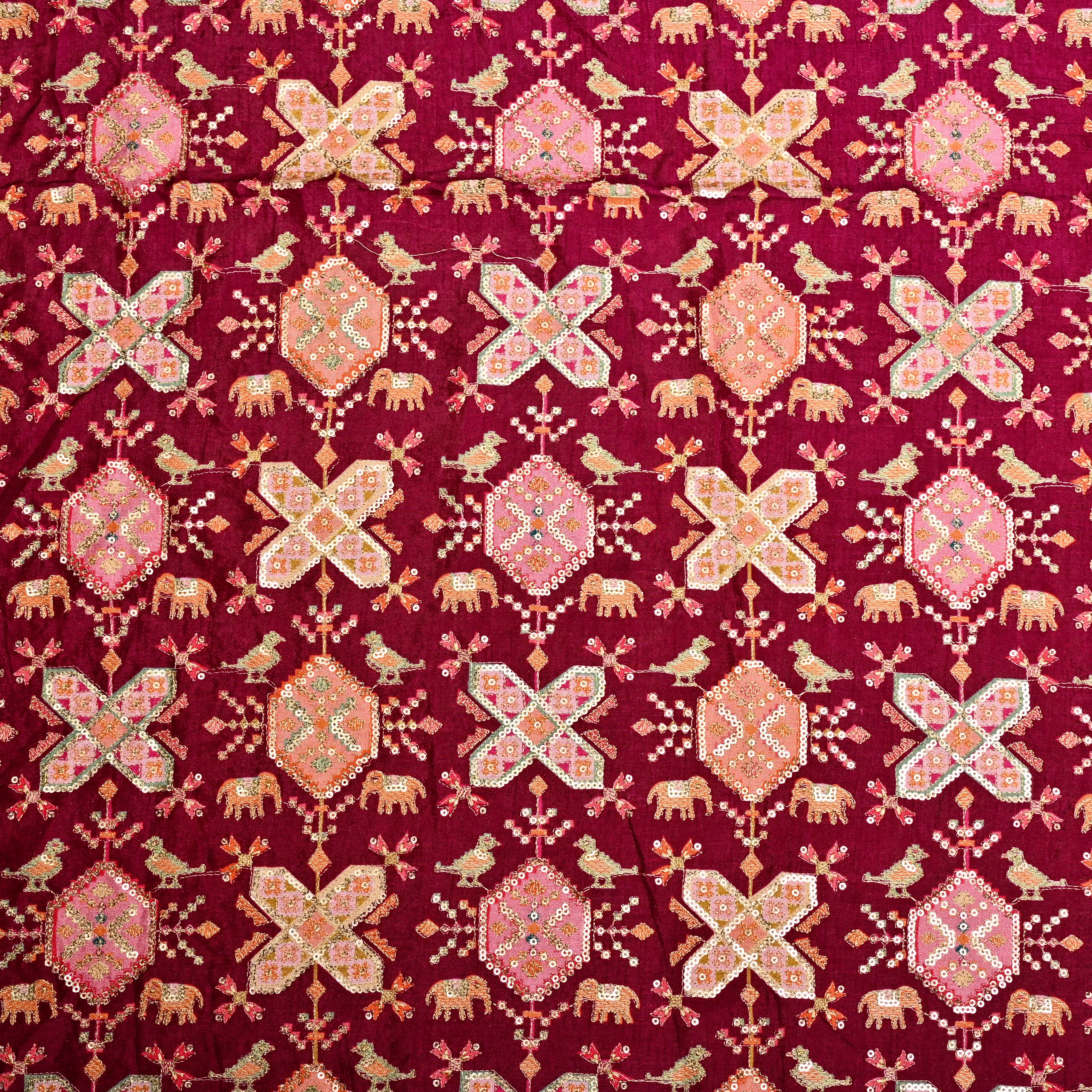Purple Silk Fabric With Printed Embroidery