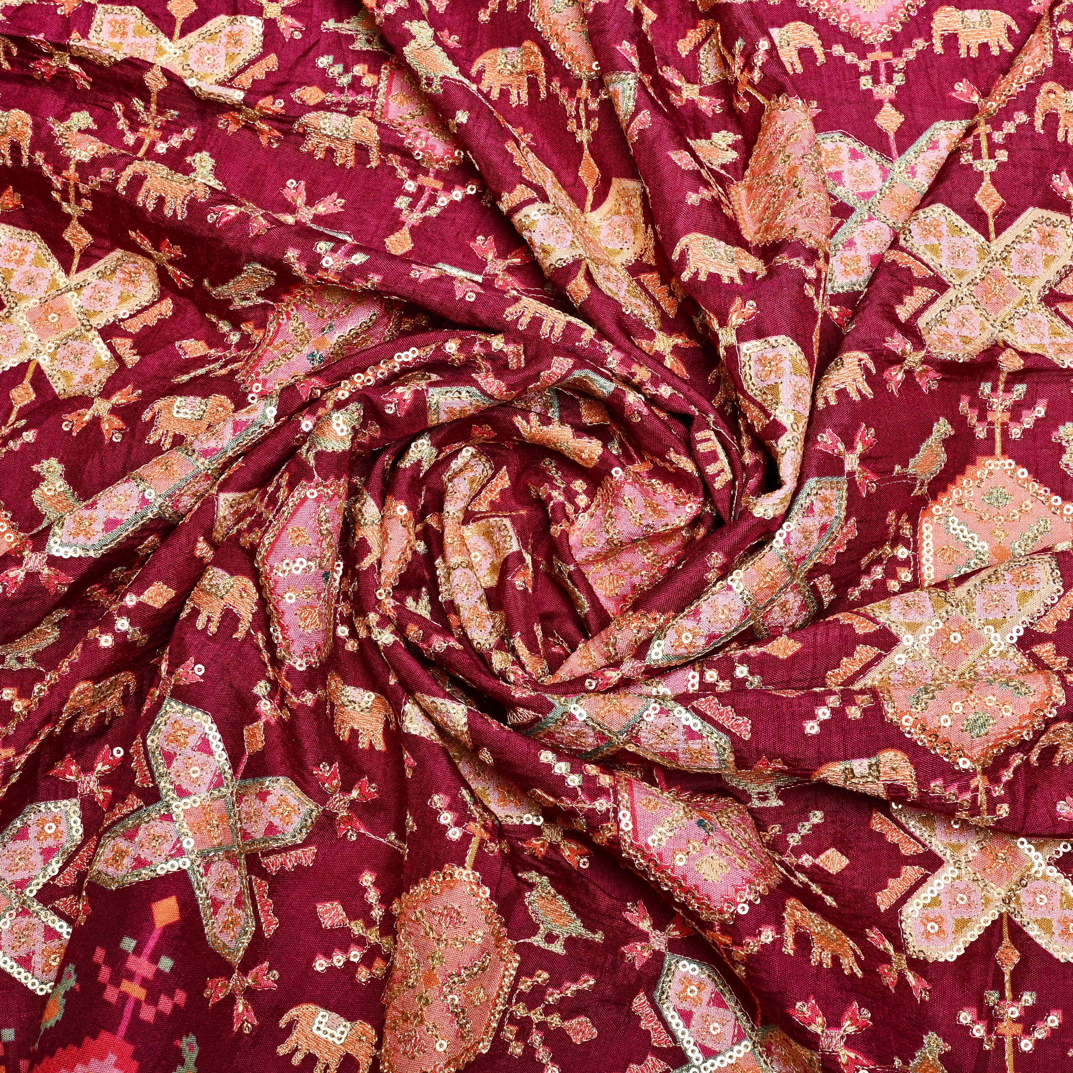 Purple Silk Fabric With Printed Embroidery