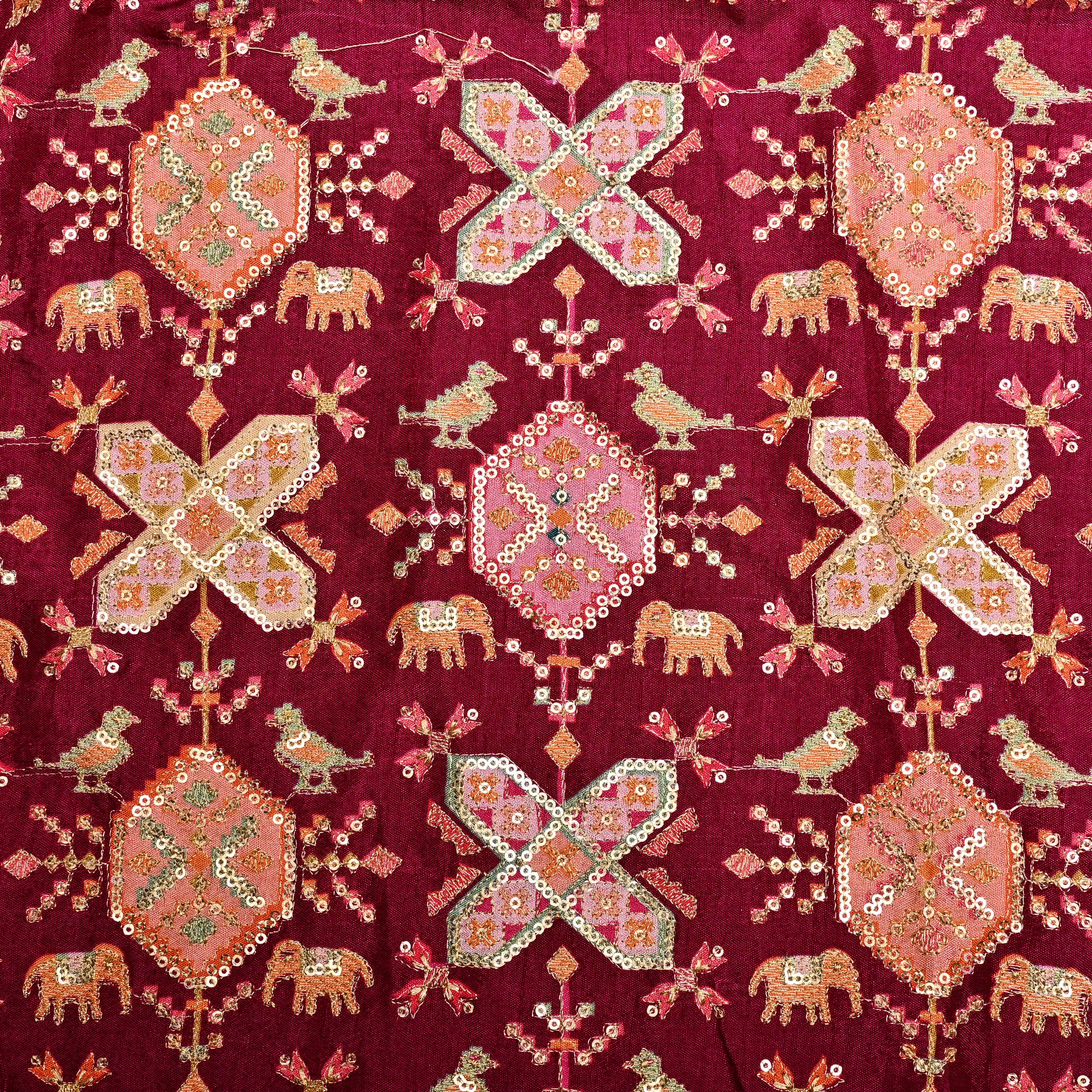 Purple Silk Fabric With Printed Embroidery