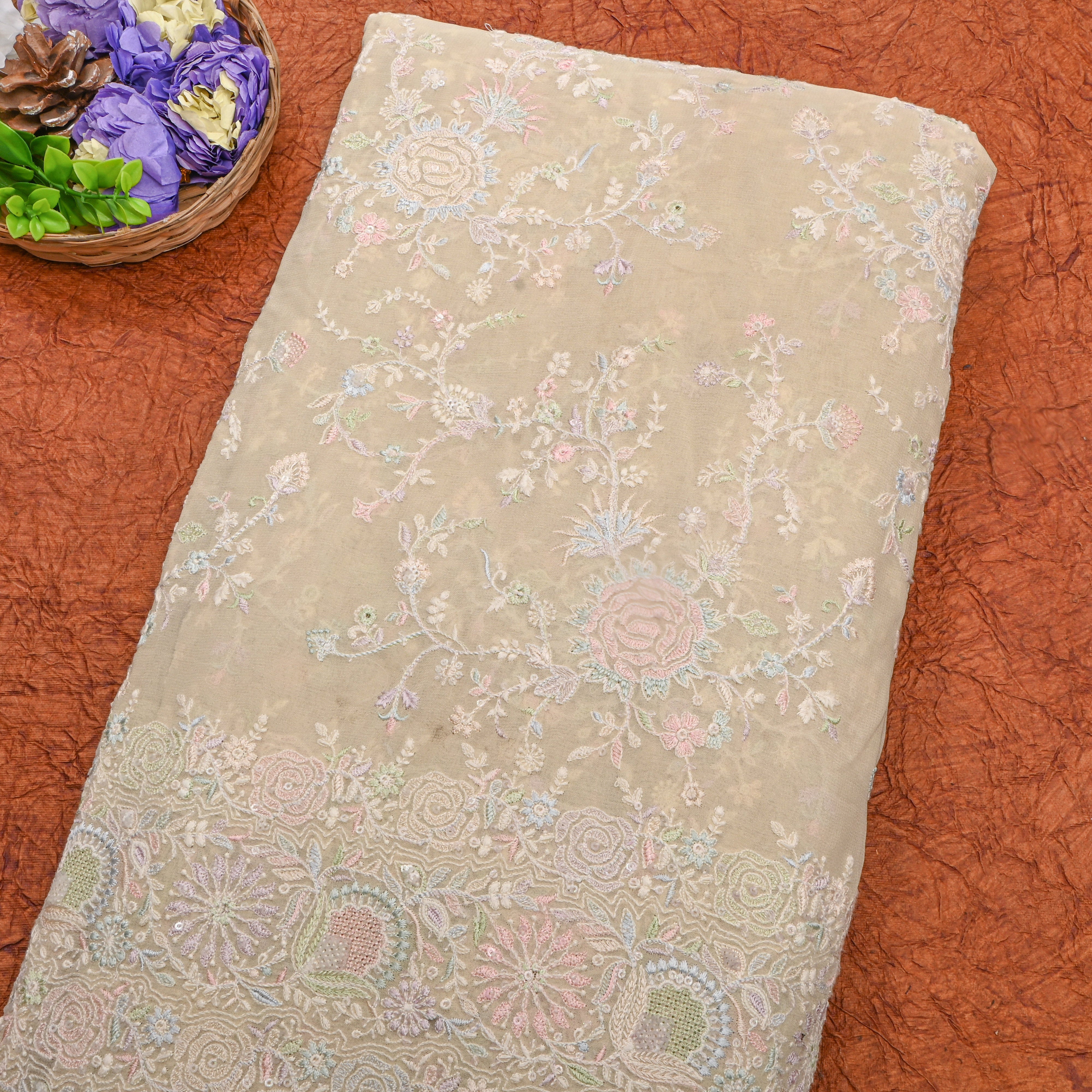 Cream Multicolour Floral Thread Work Georgette