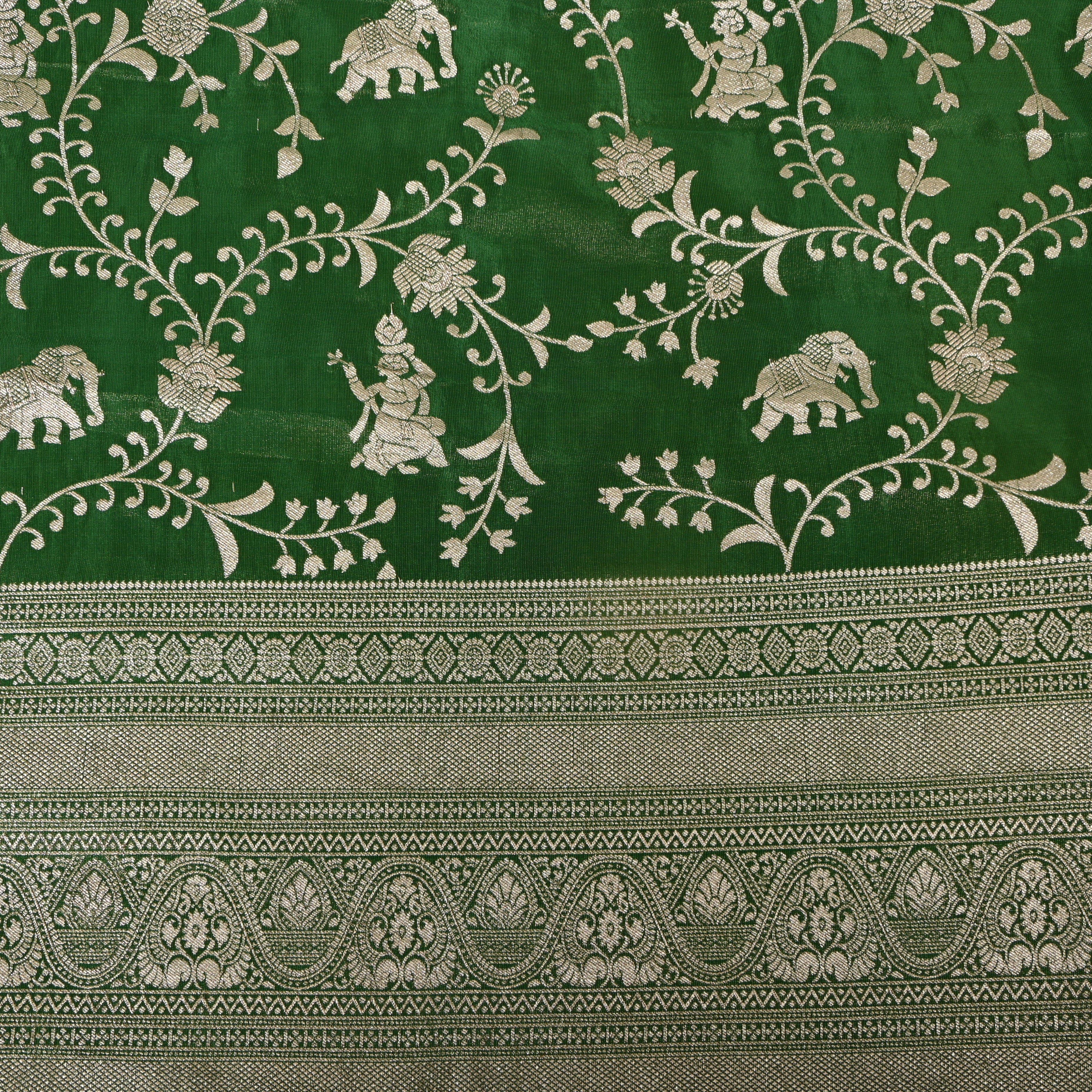 Bottle Green Zari Elephant Motif Fabric