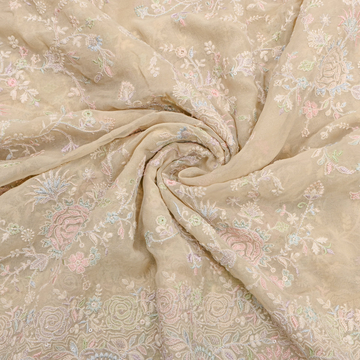 Cream Multicolour Floral Thread Work Georgette