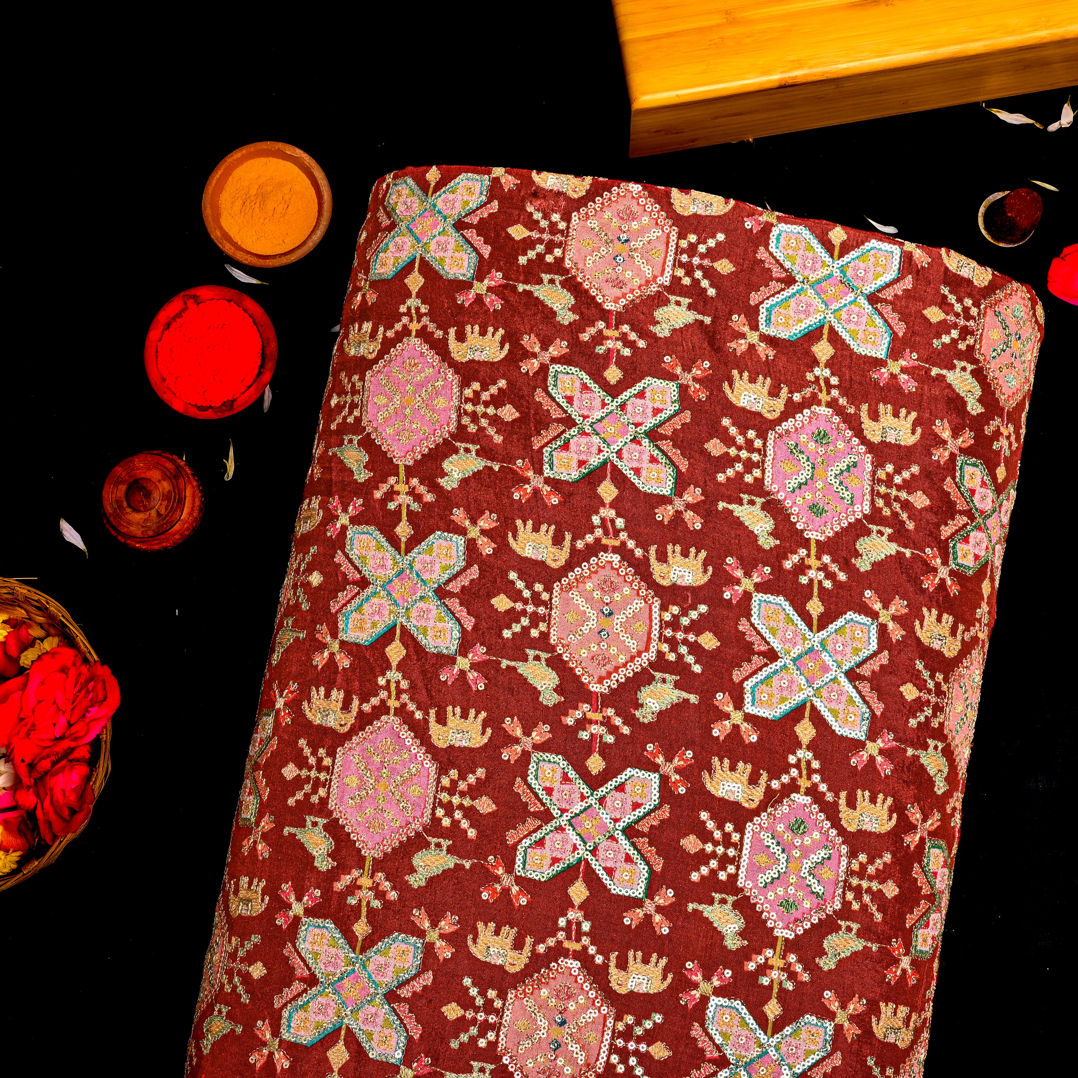 Chestnut Brown Silk Fabric With Printed Embroidery