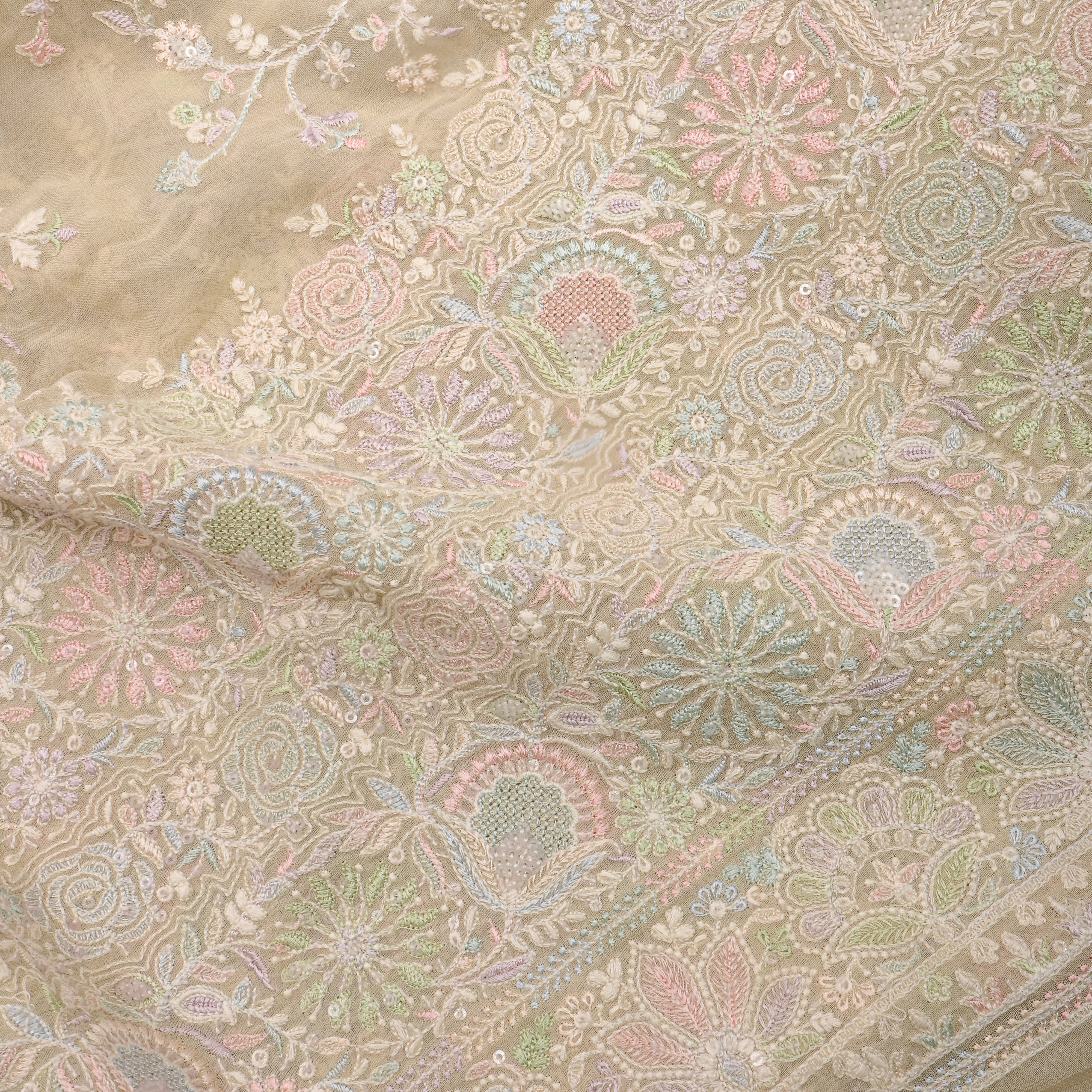 Cream Multicolour Floral Thread Work Georgette