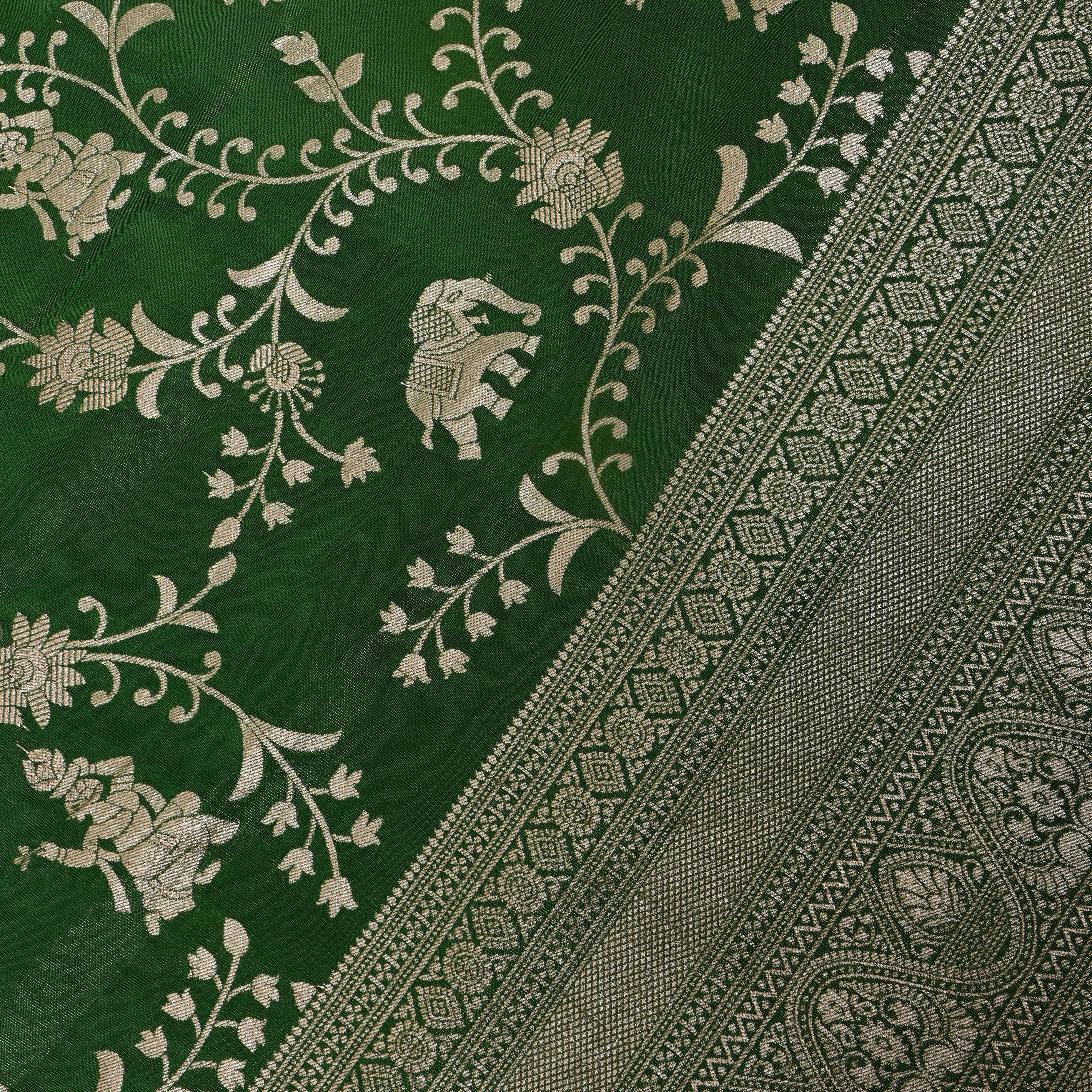Bottle Green Zari Elephant Motif Fabric