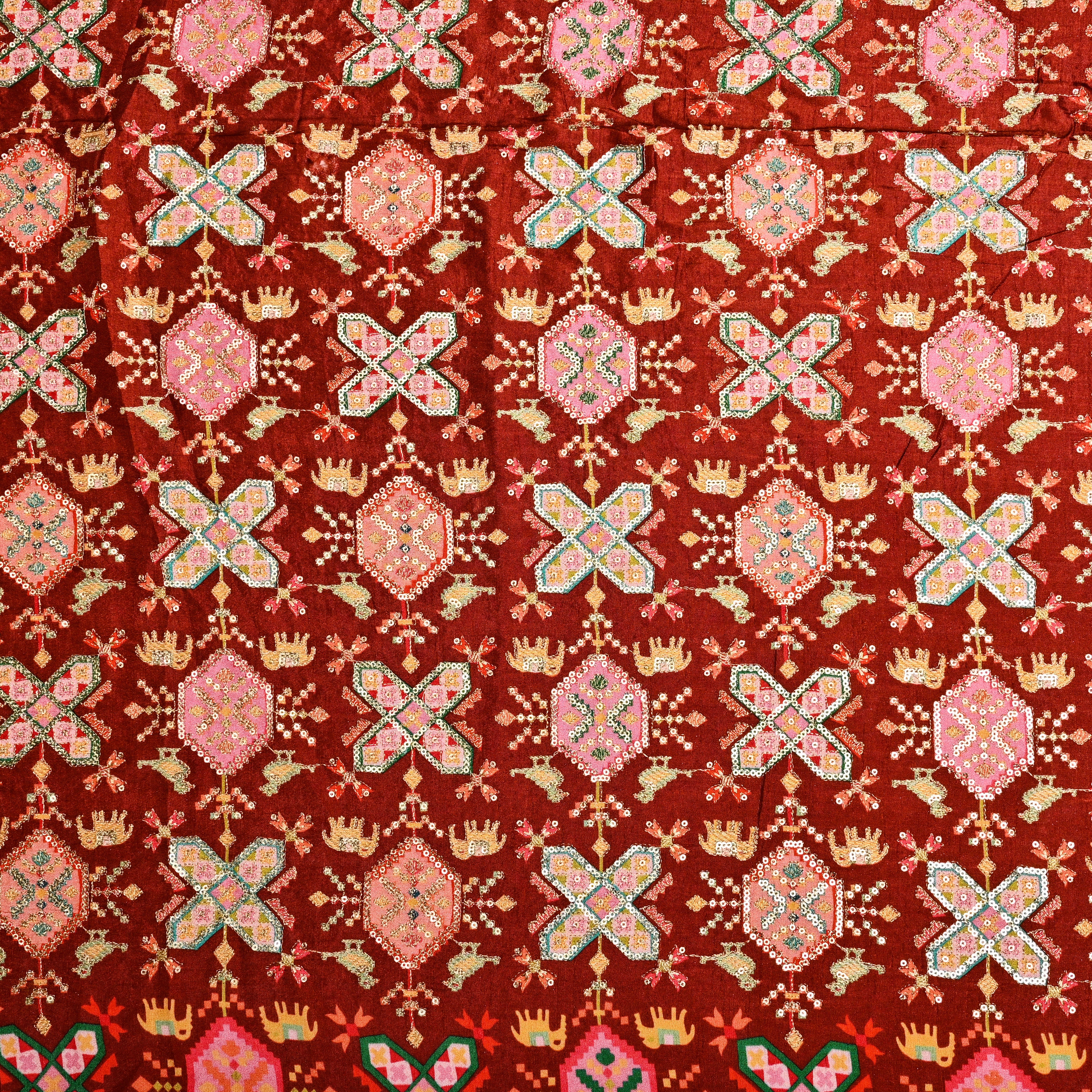 Chestnut Brown Silk Fabric With Printed Embroidery
