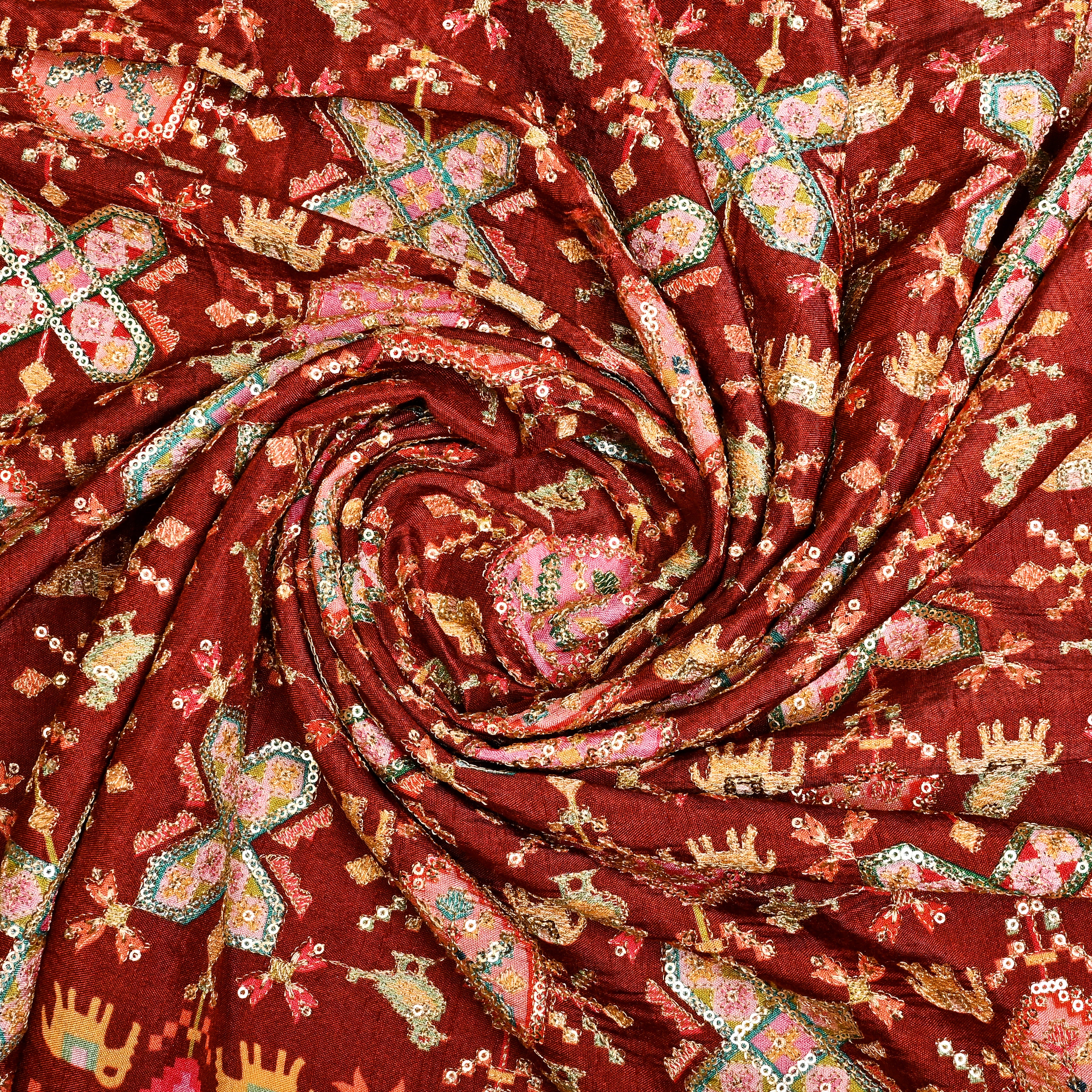 Chestnut Brown Silk Fabric With Printed Embroidery
