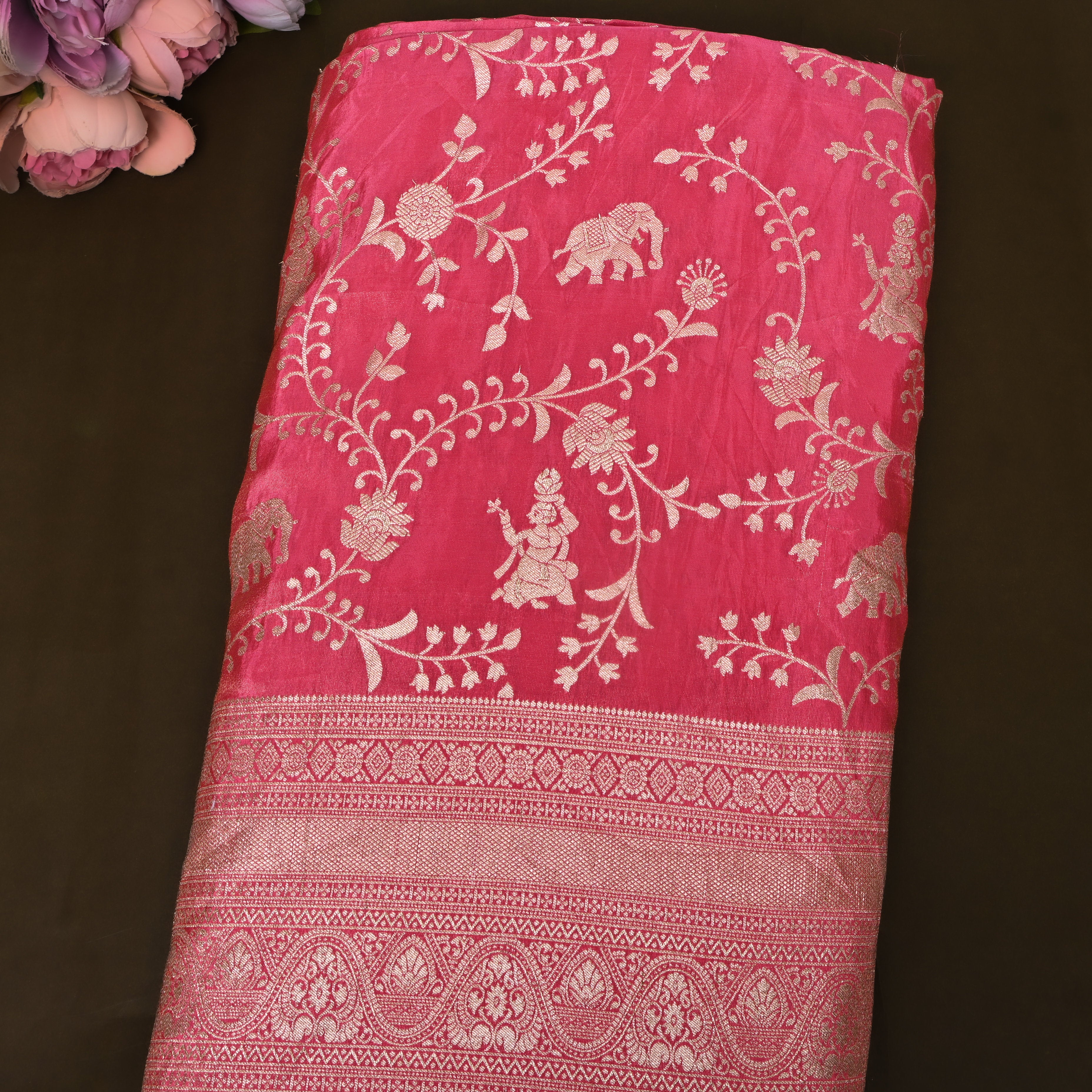 Deep Pink Elephant Dancer Zari Fabric