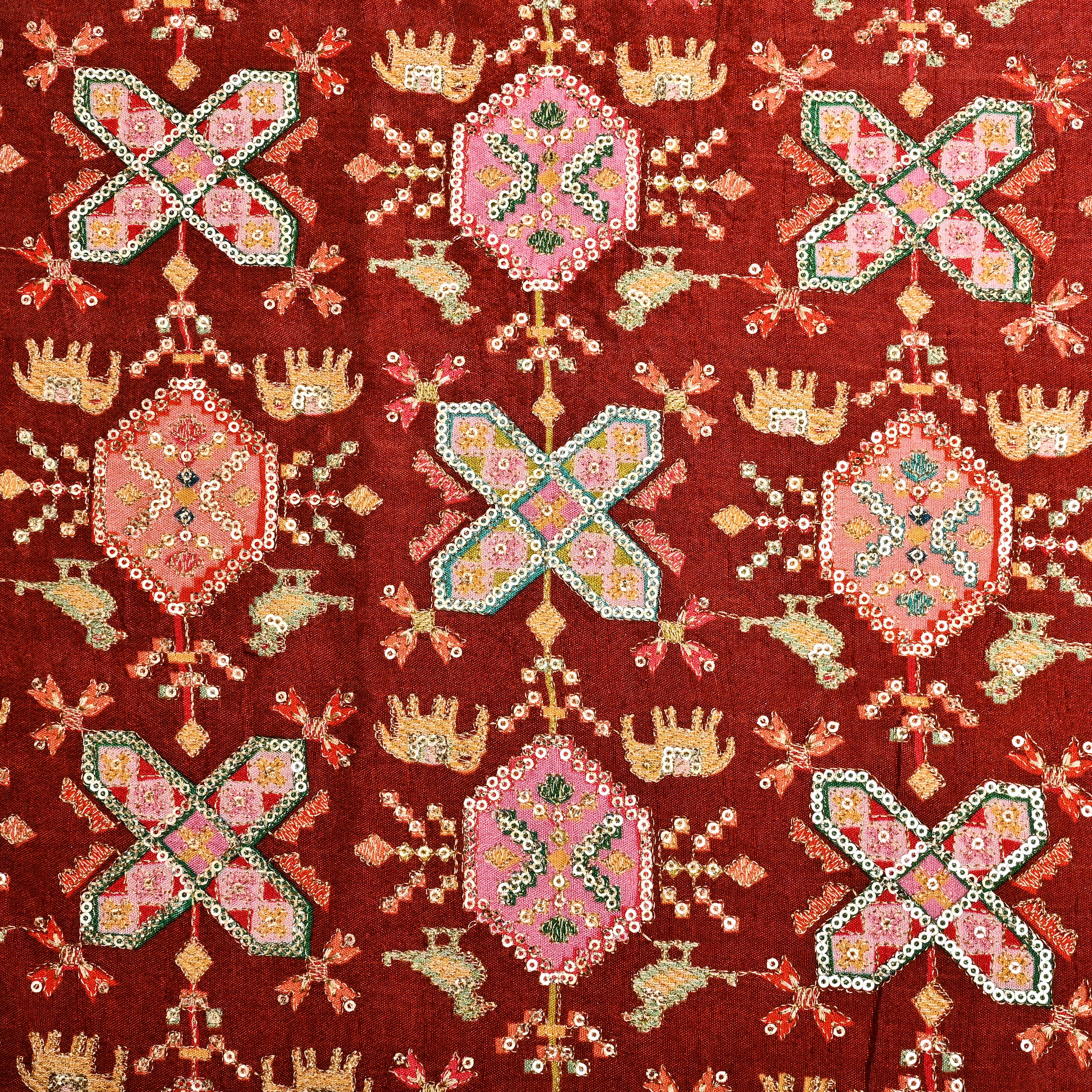 Chestnut Brown Silk Fabric With Printed Embroidery