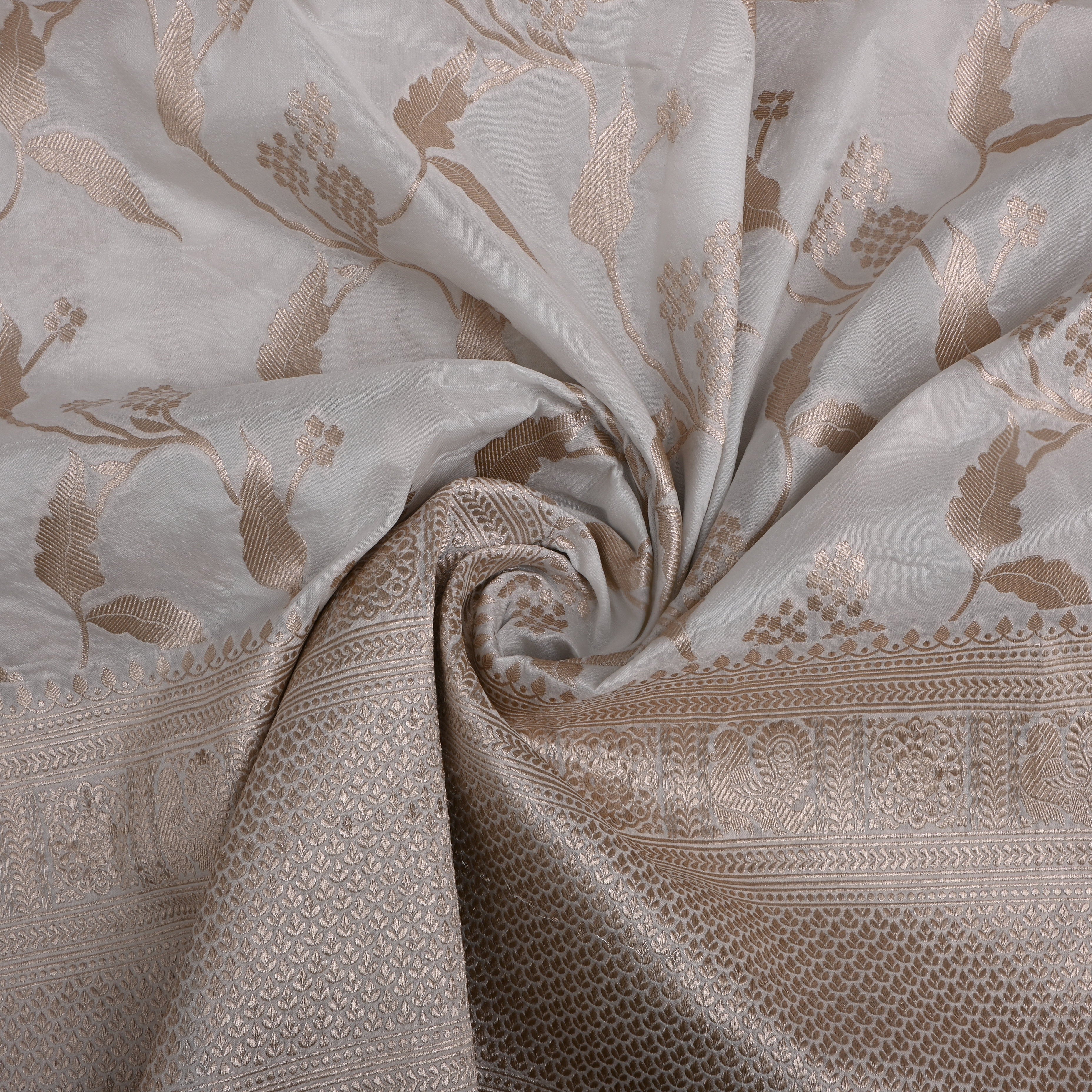 White Golden Zari Border Floral Silk Fabric