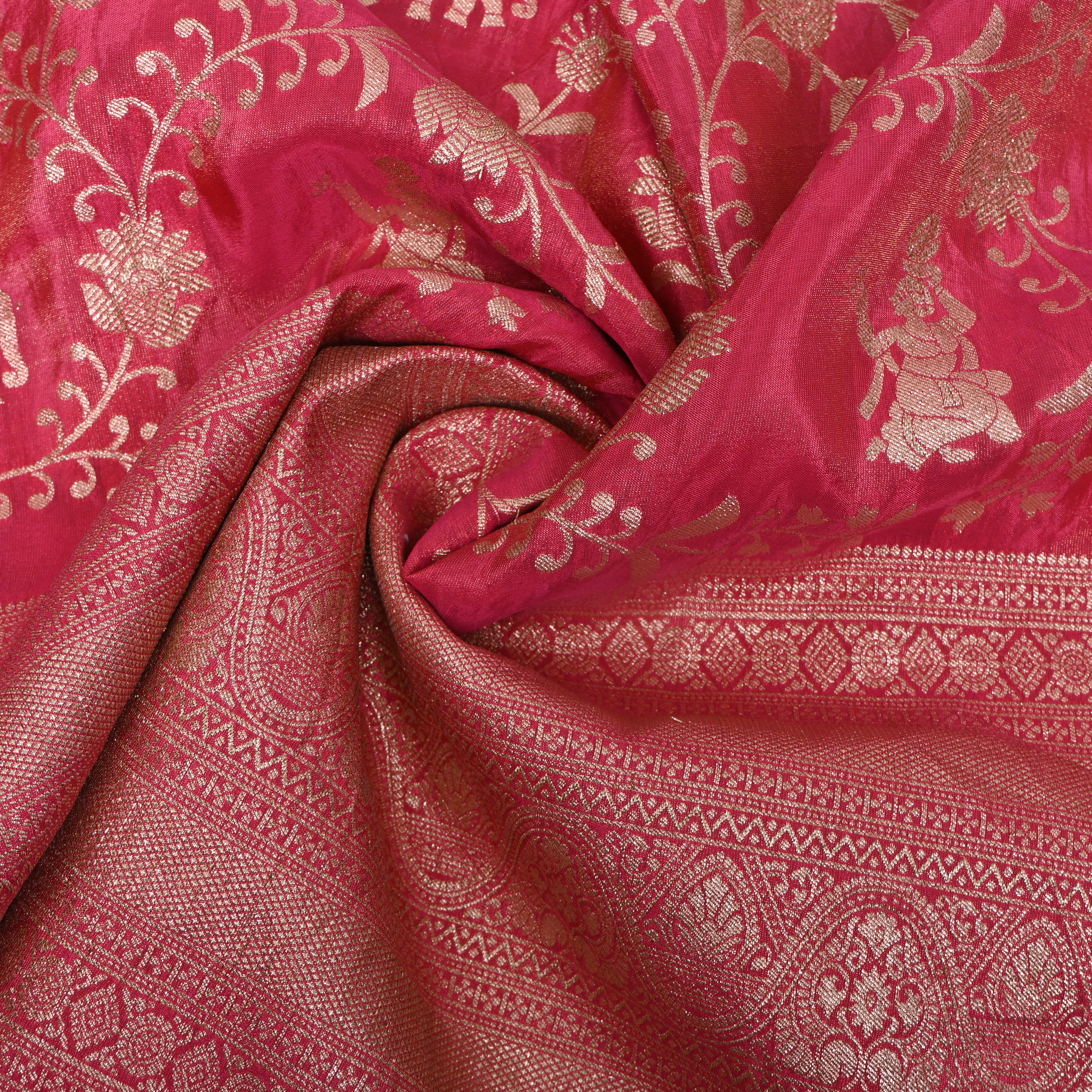 Deep Pink Elephant Dancer Zari Fabric