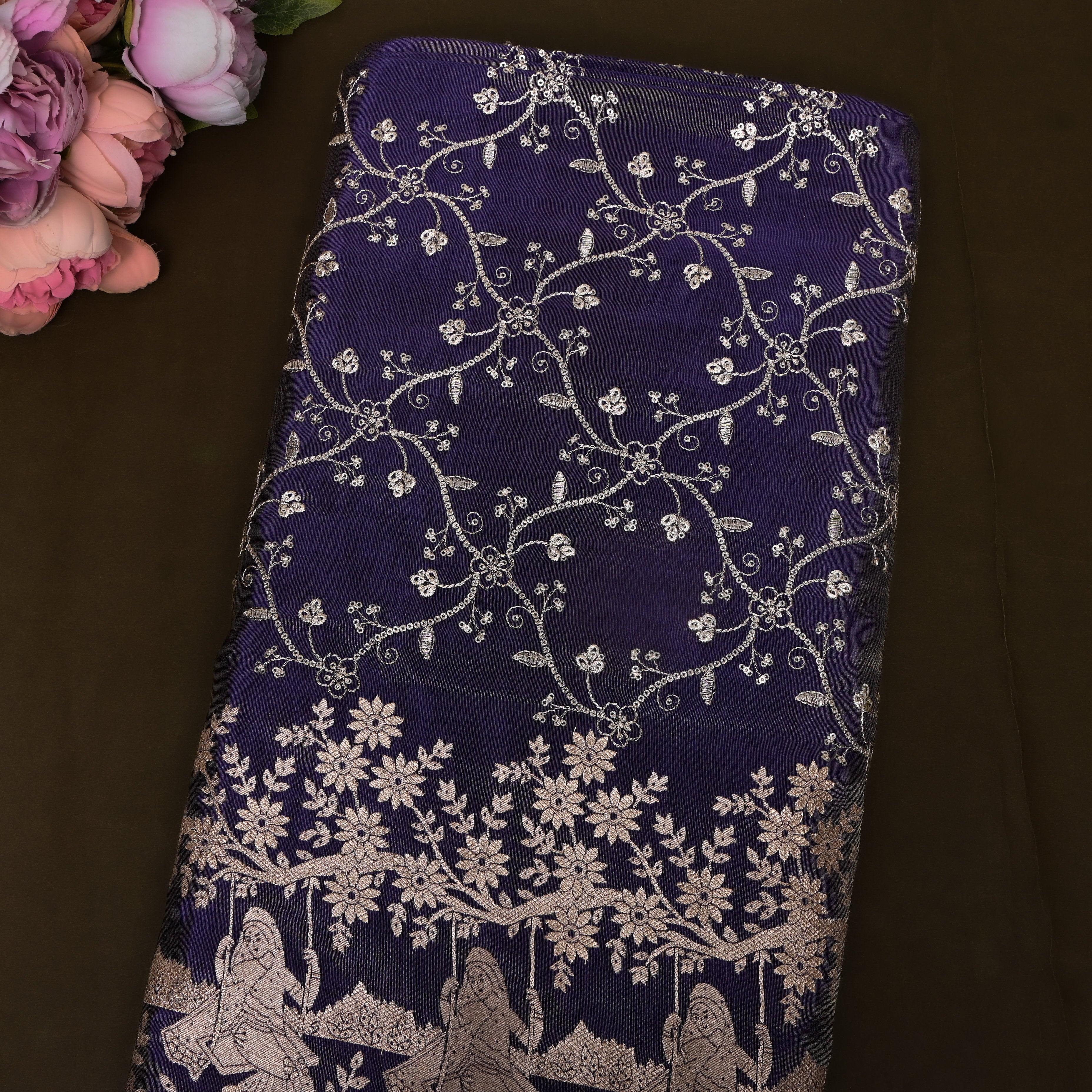 Navy Blue Gopi Swing Floral Jaal Tissue Fabric