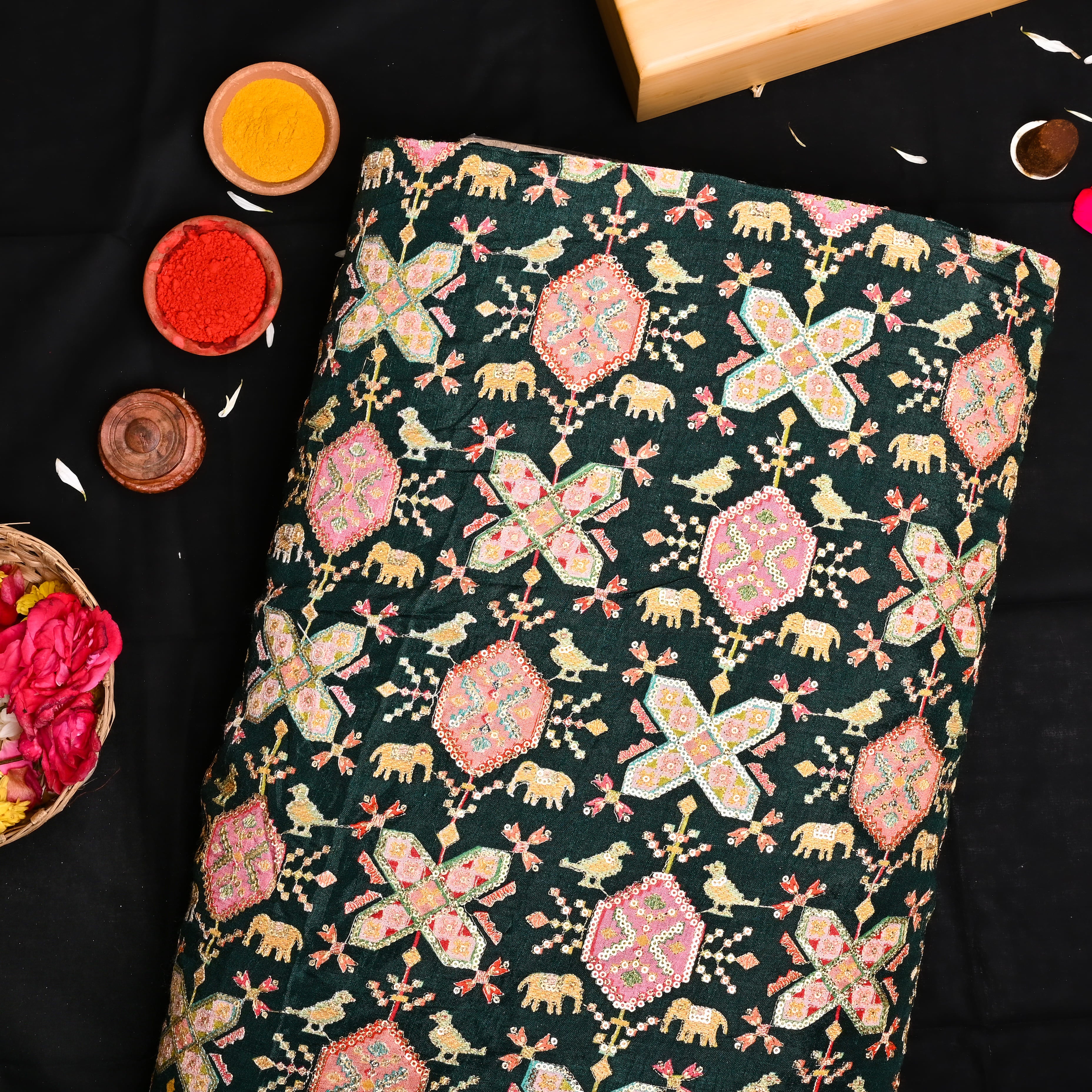 Dark Green Silk Fabric With Printed Embroidery