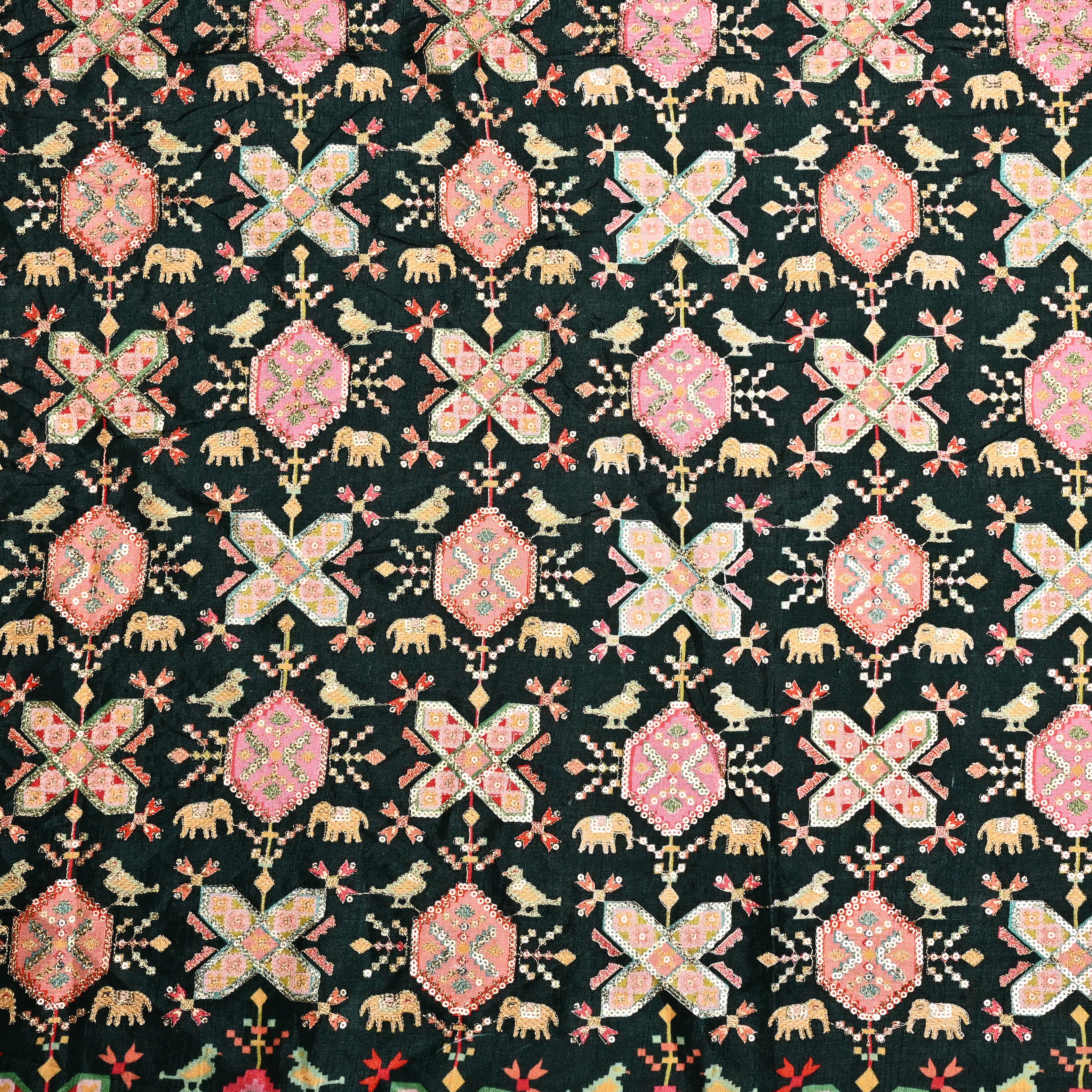 Dark Green Silk Fabric With Printed Embroidery