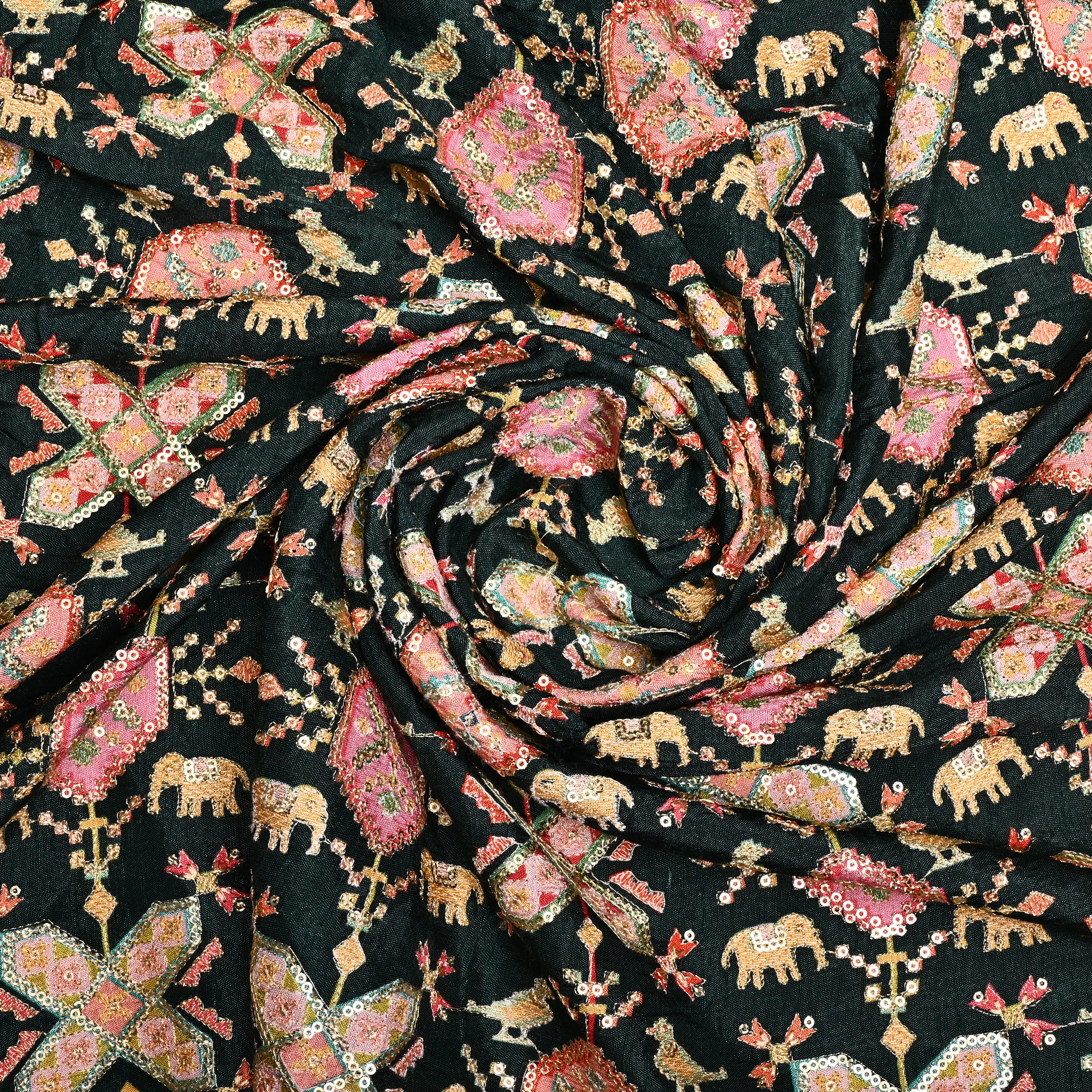 Dark Green Silk Fabric With Printed Embroidery