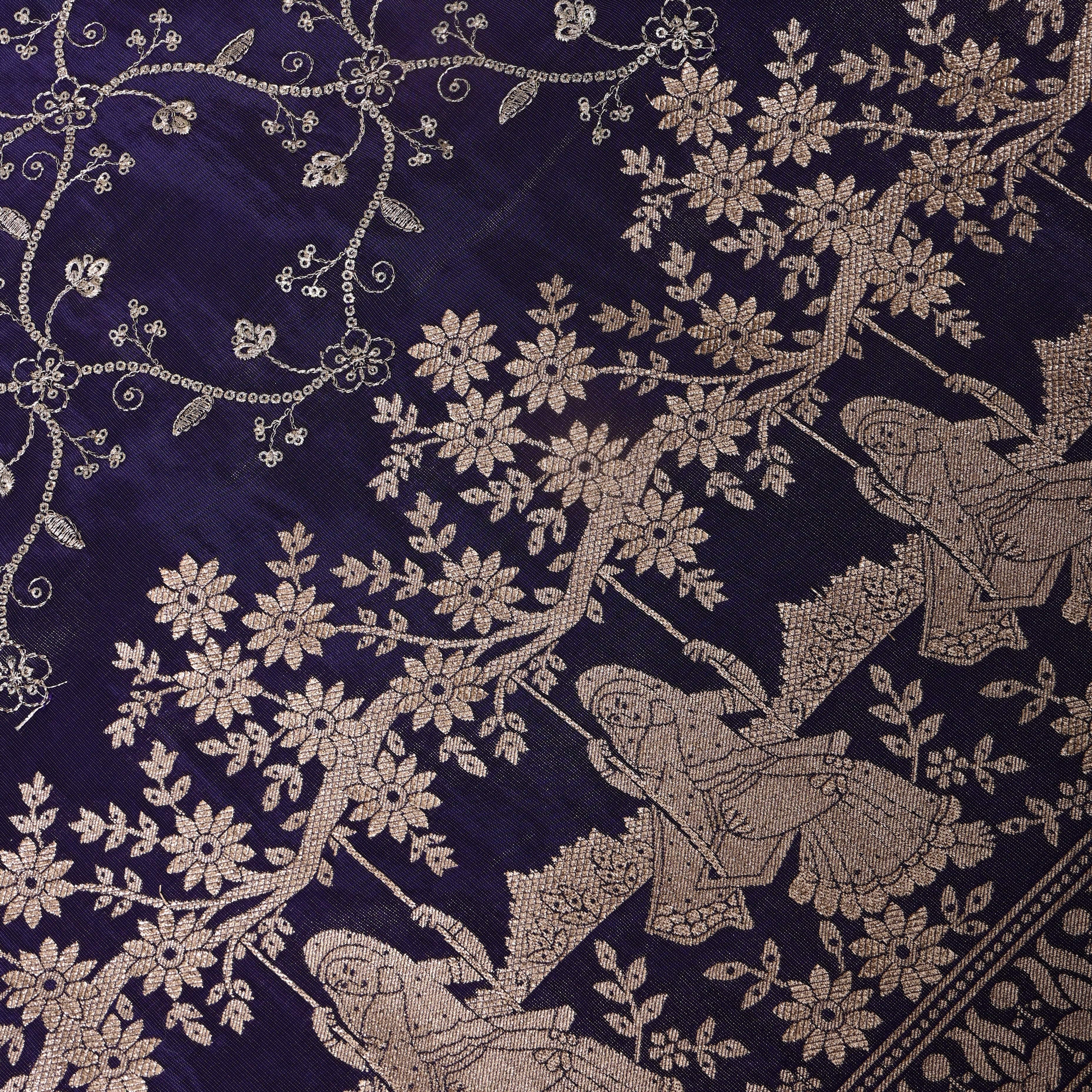 Navy Blue Gopi Swing Floral Jaal Tissue Fabric