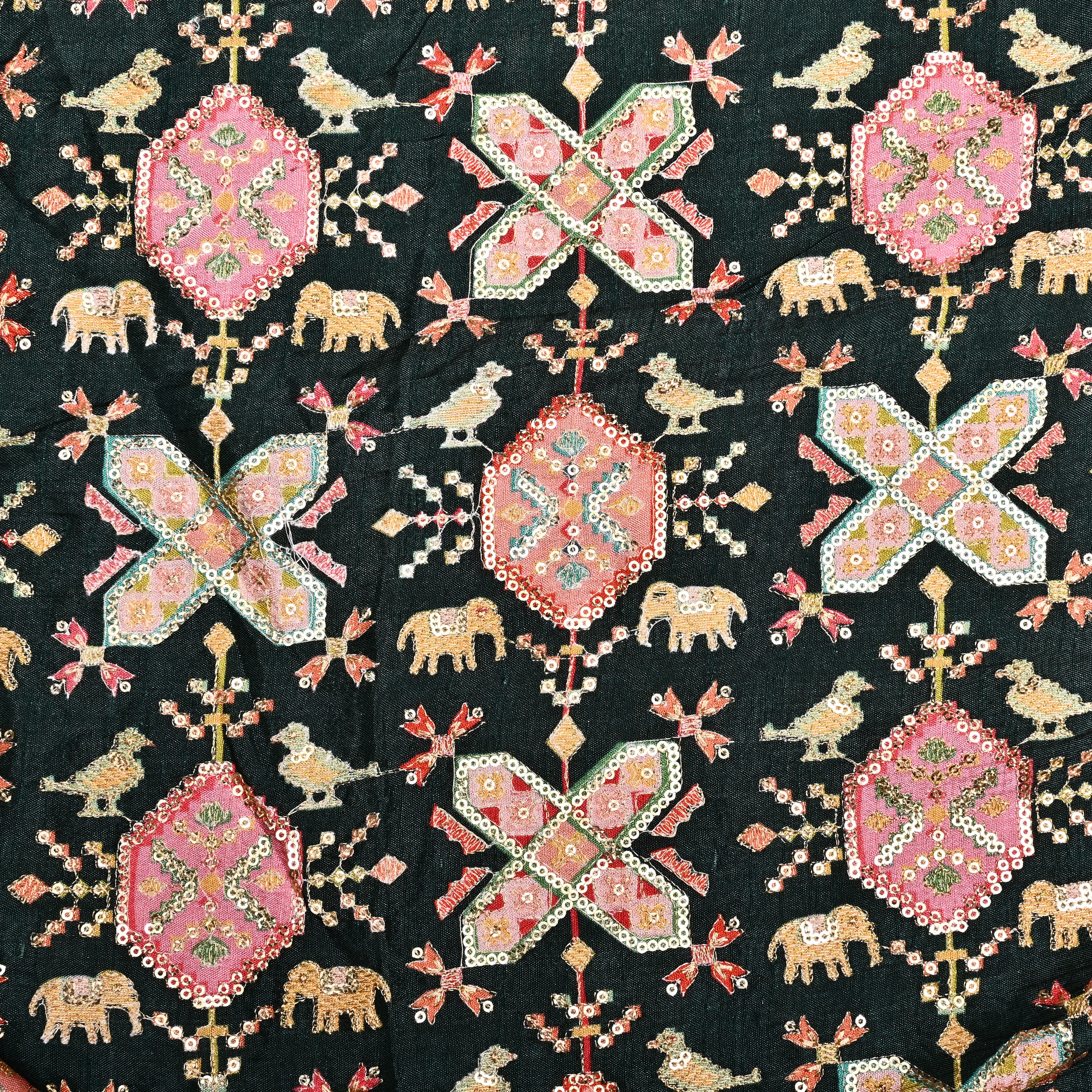 Dark Green Silk Fabric With Printed Embroidery