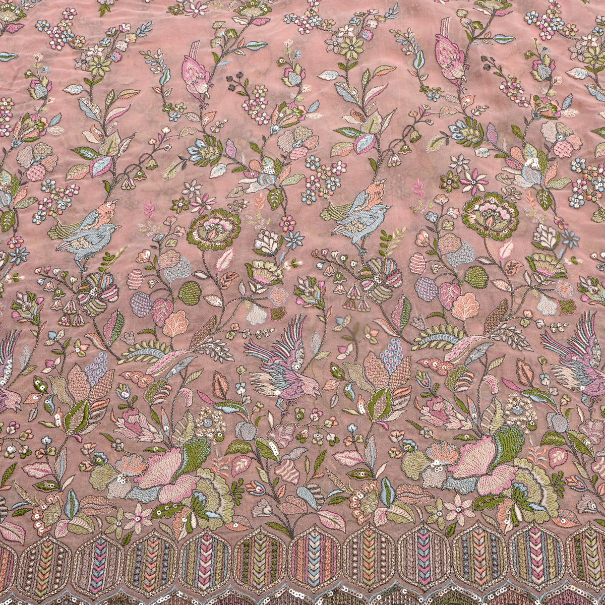 Dusty Pink Multicolour Floral Jaal Thread Work Georgette Fabric