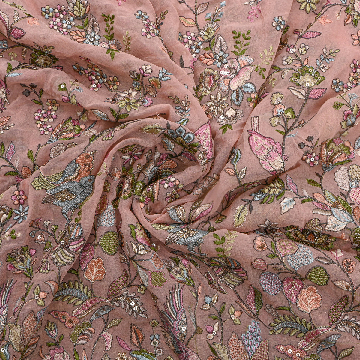 Dusty Pink Multicolour Floral Jaal Thread Work Georgette Fabric