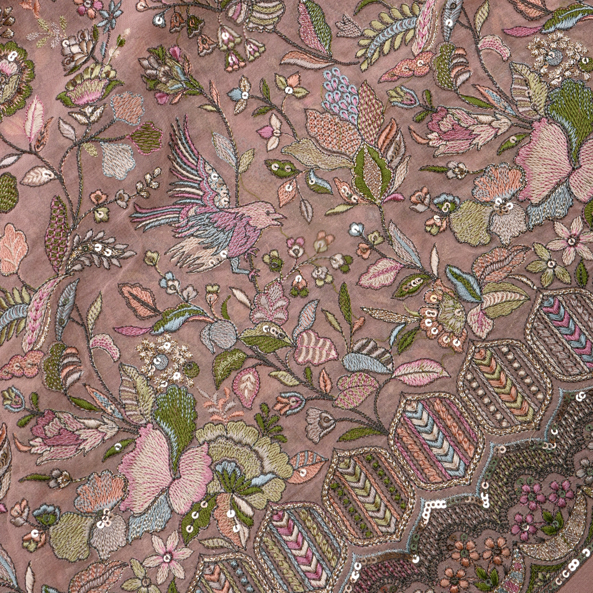 Dusty Pink Multicolour Floral Jaal Thread Work Georgette Fabric