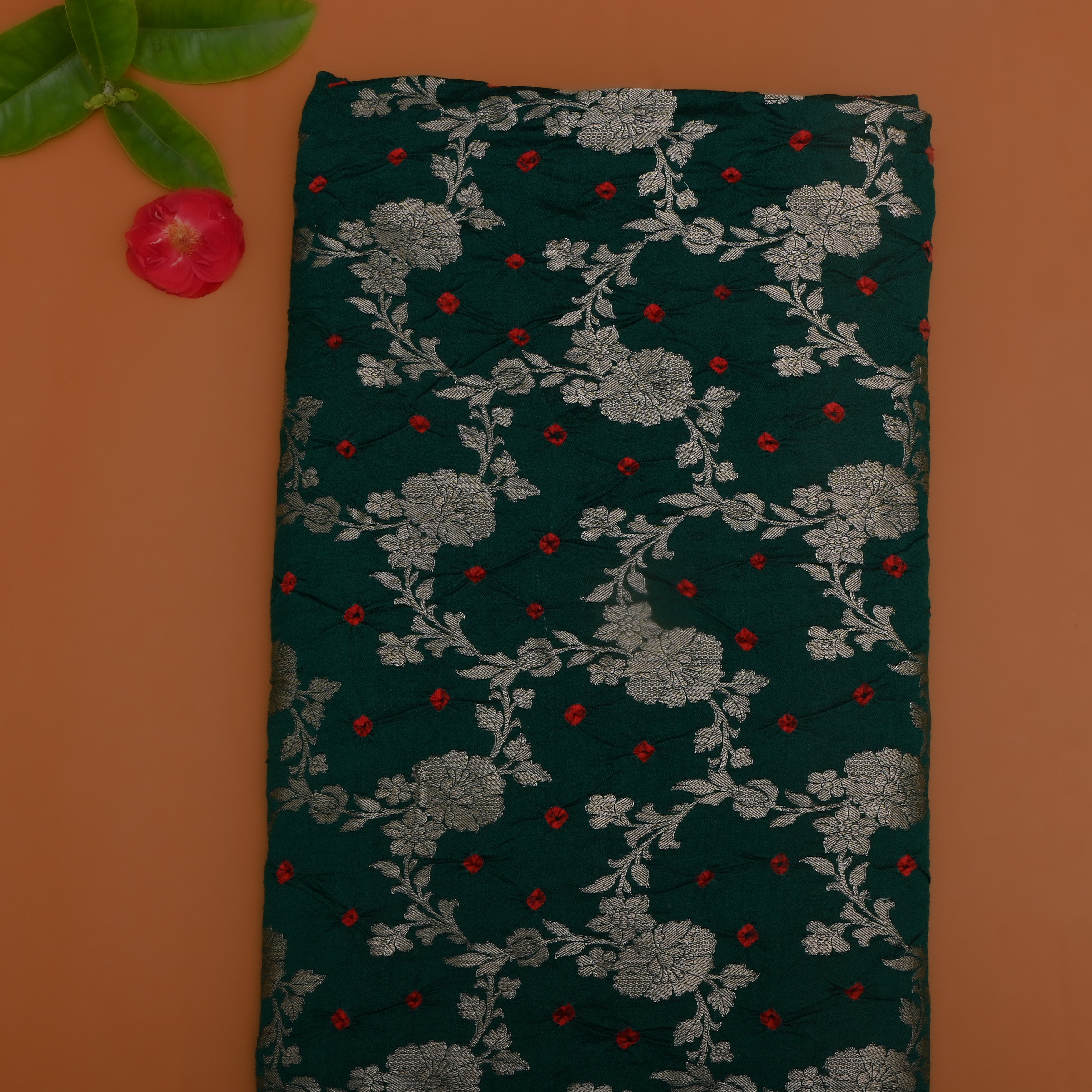 Bottle Green Floral And Bandhani Silk Fabric