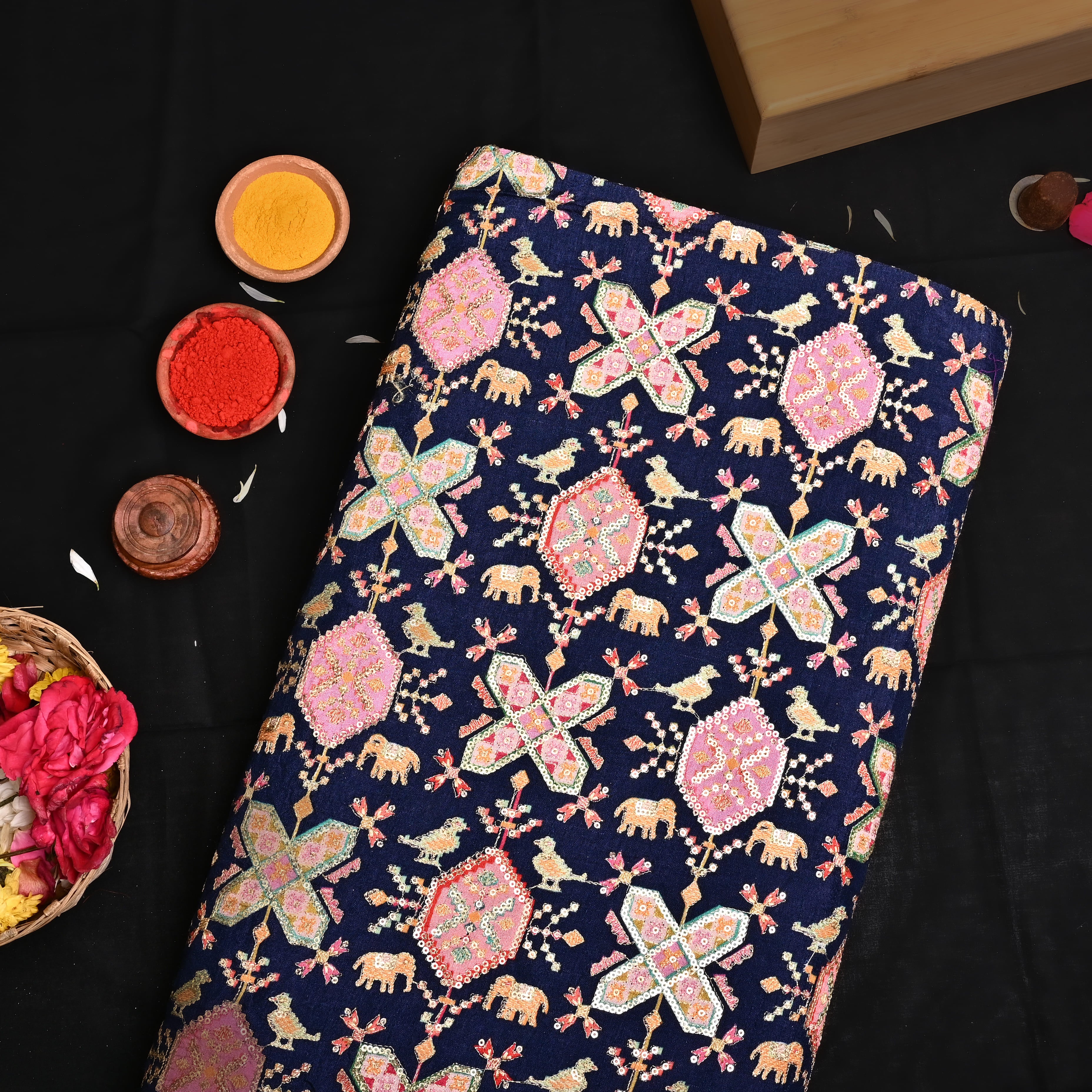 Dark Blue Silk Fabric With Printed Embroidery