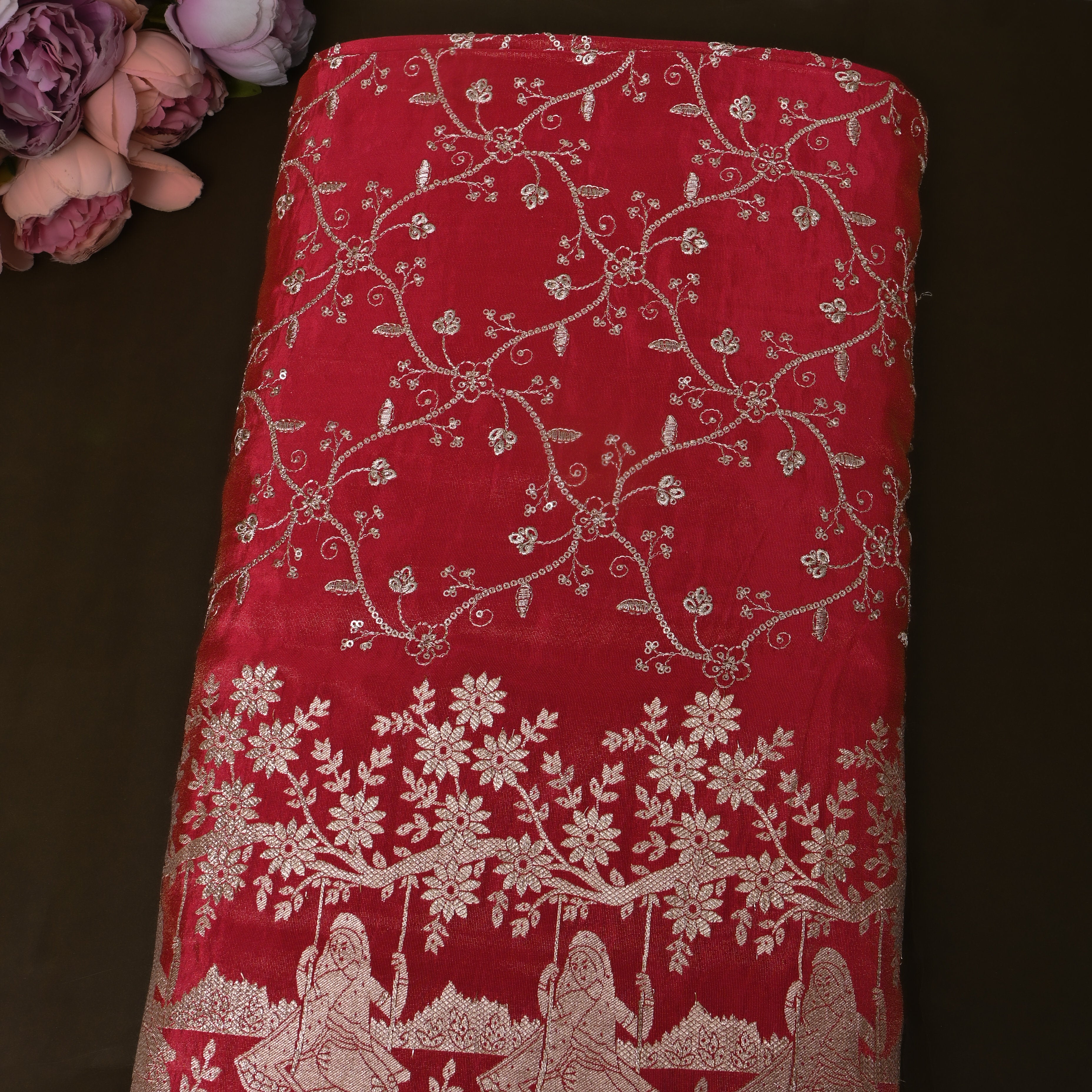 Deep Red Gopi Swing Floral Jaal Tissue Fabric