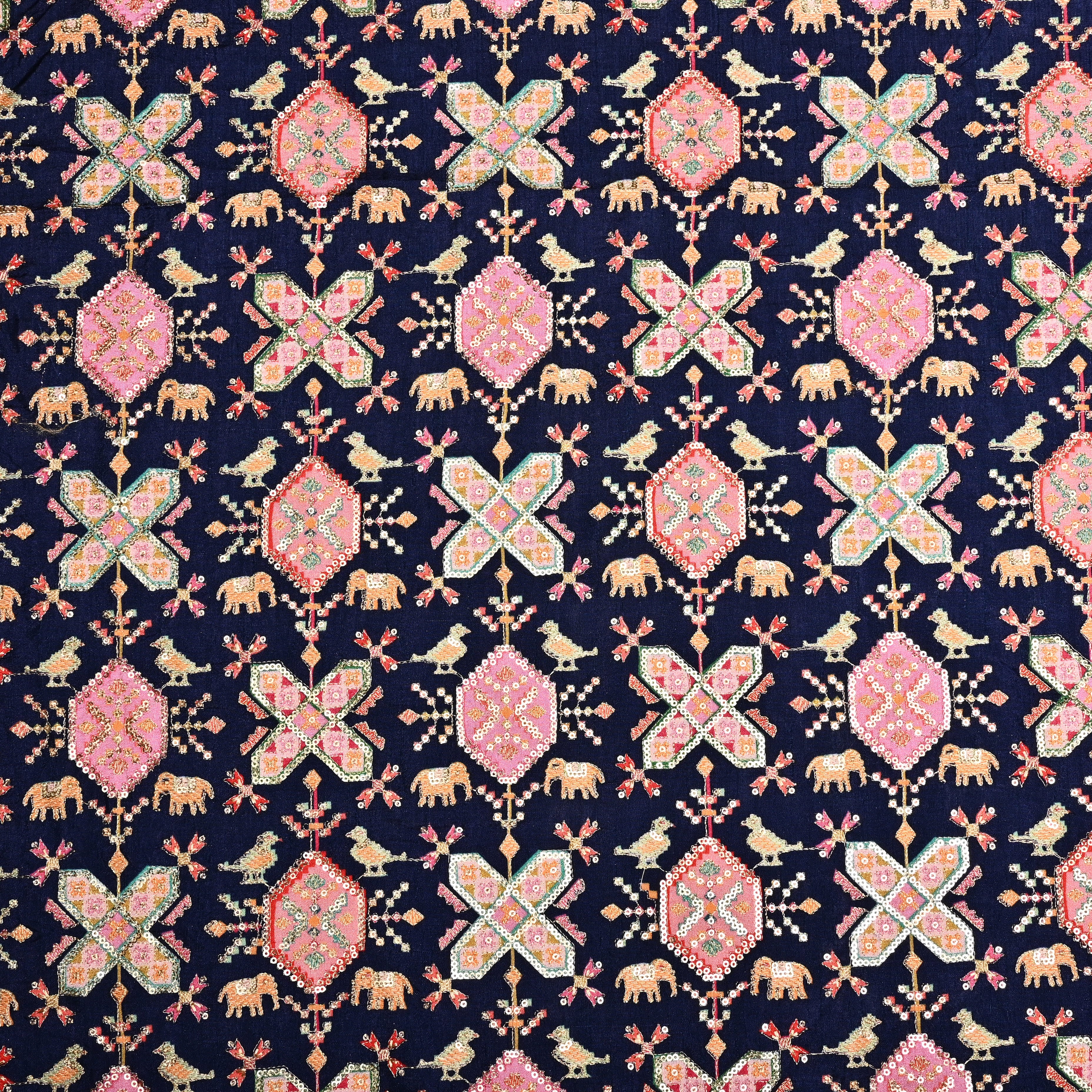 Dark Blue Silk Fabric With Printed Embroidery
