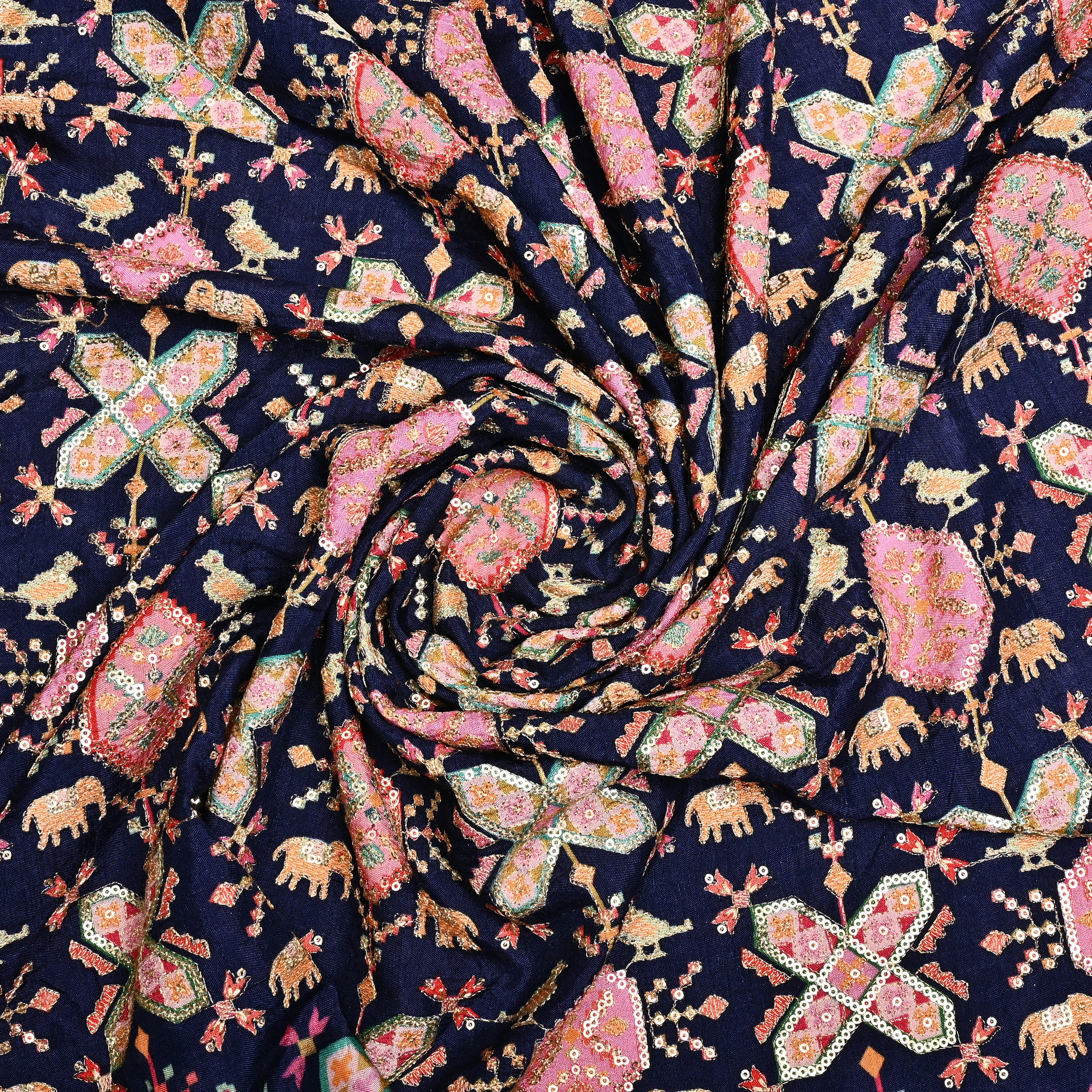 Dark Blue Silk Fabric With Printed Embroidery