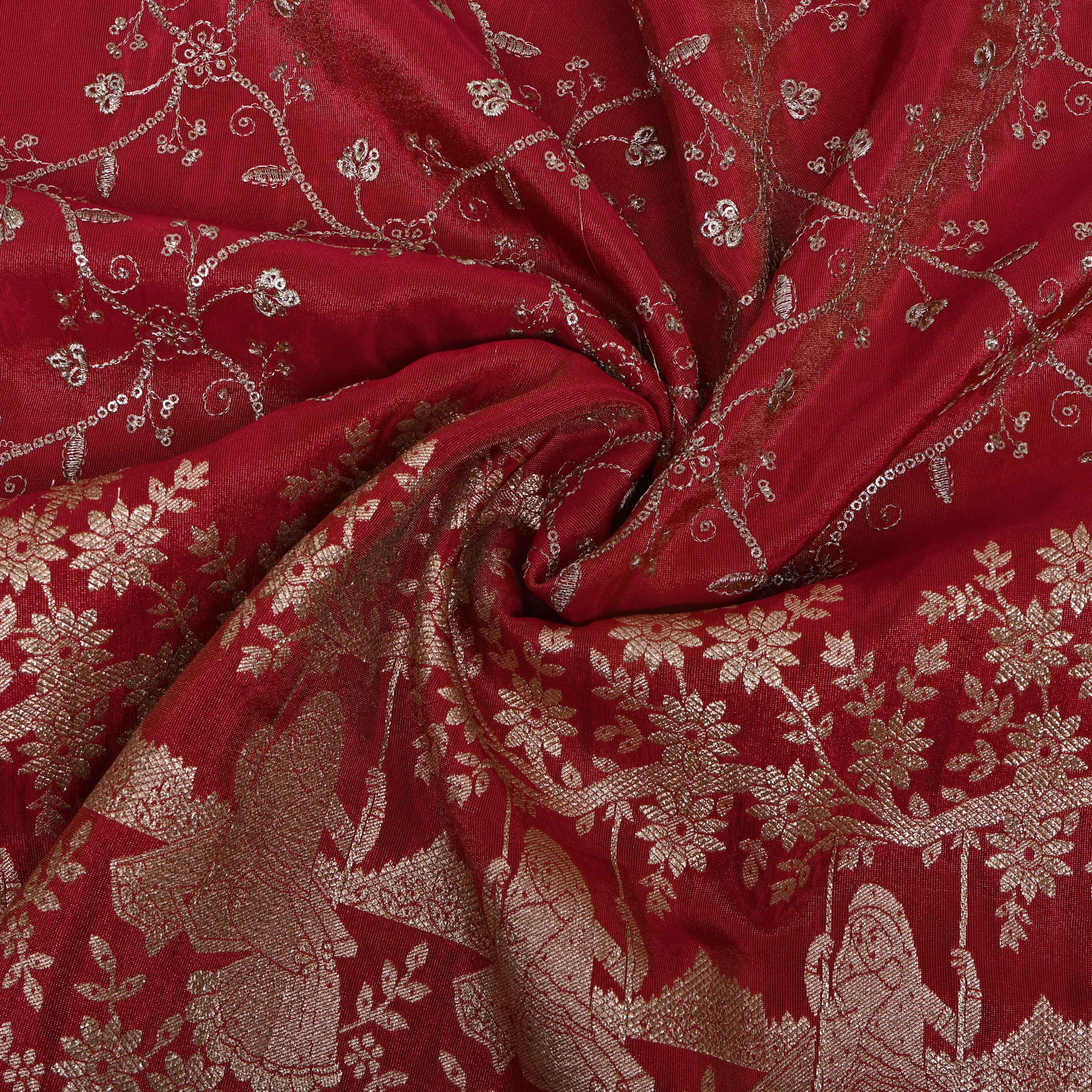 Deep Red Gopi Swing Floral Jaal Tissue Fabric