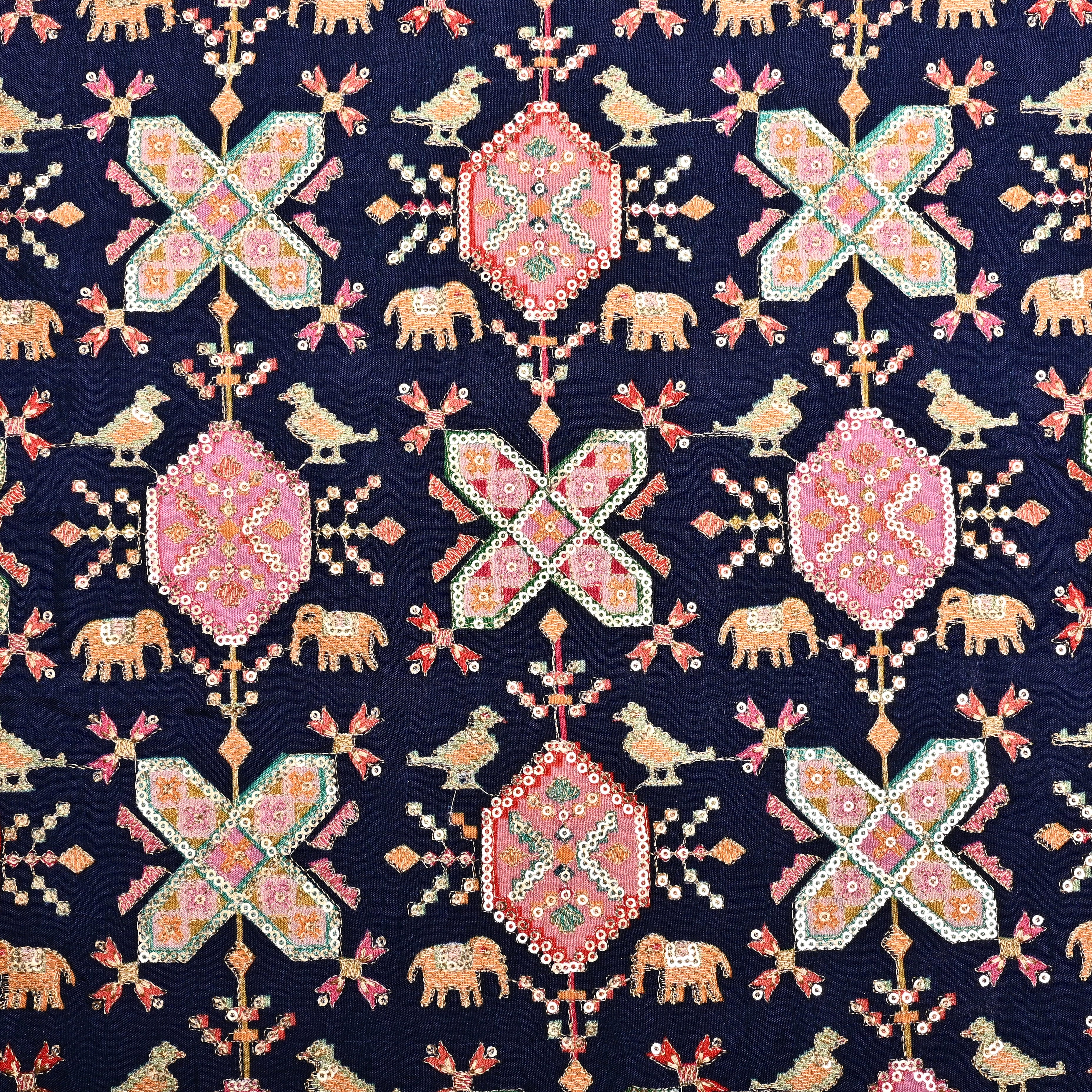 Dark Blue Silk Fabric With Printed Embroidery