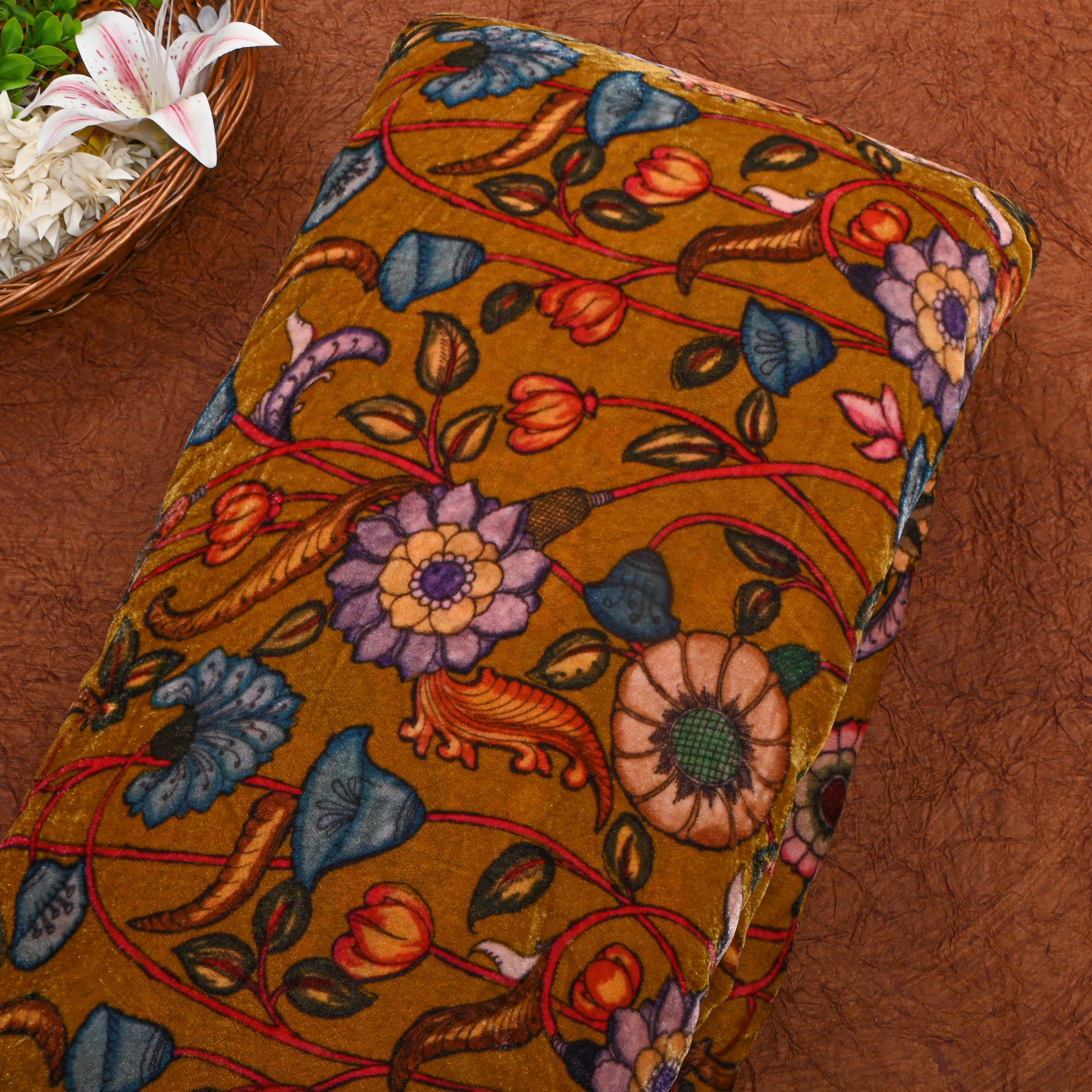Dark Mustard Orange Velvet With Floral