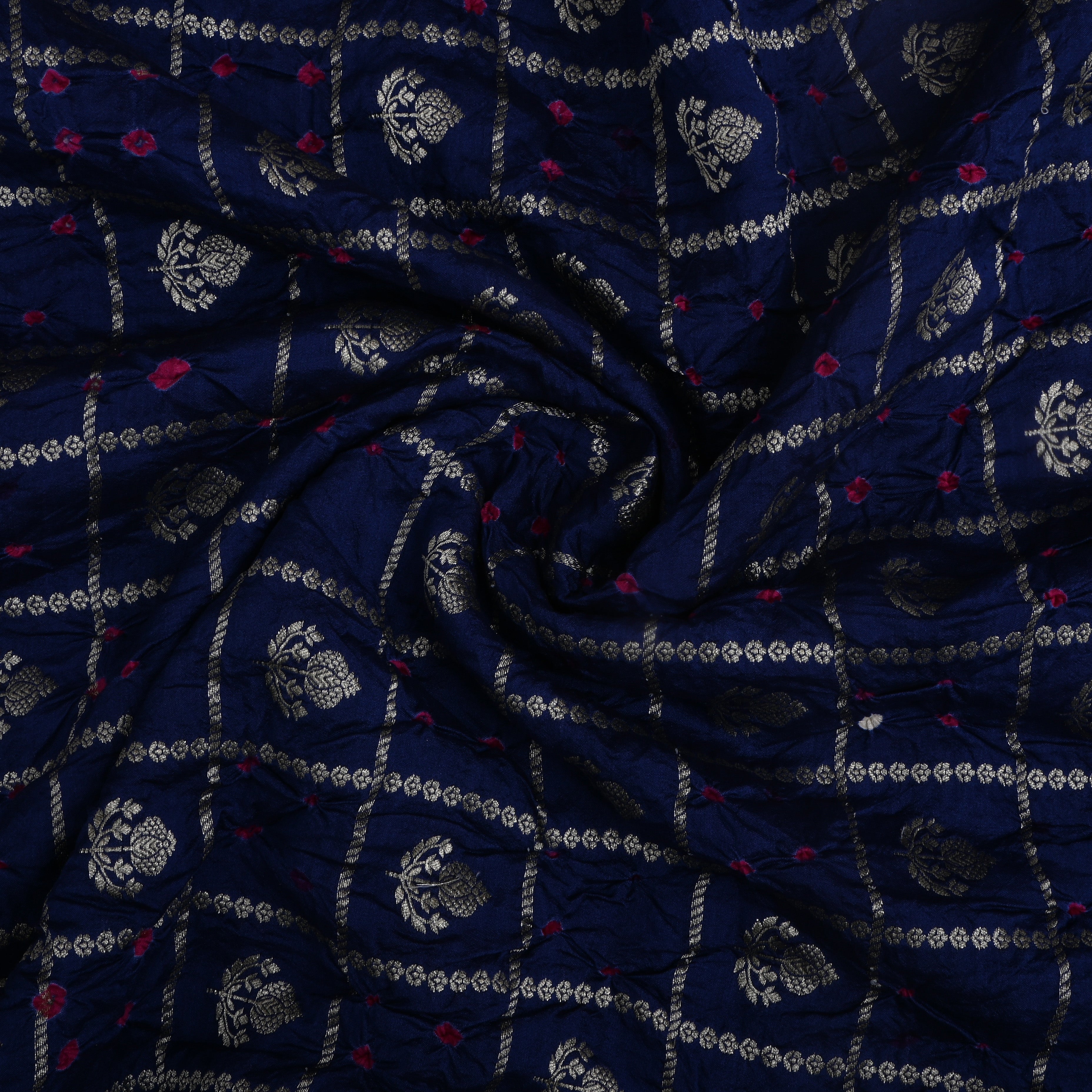 Navy Blue Floral Zari Silk Fabric