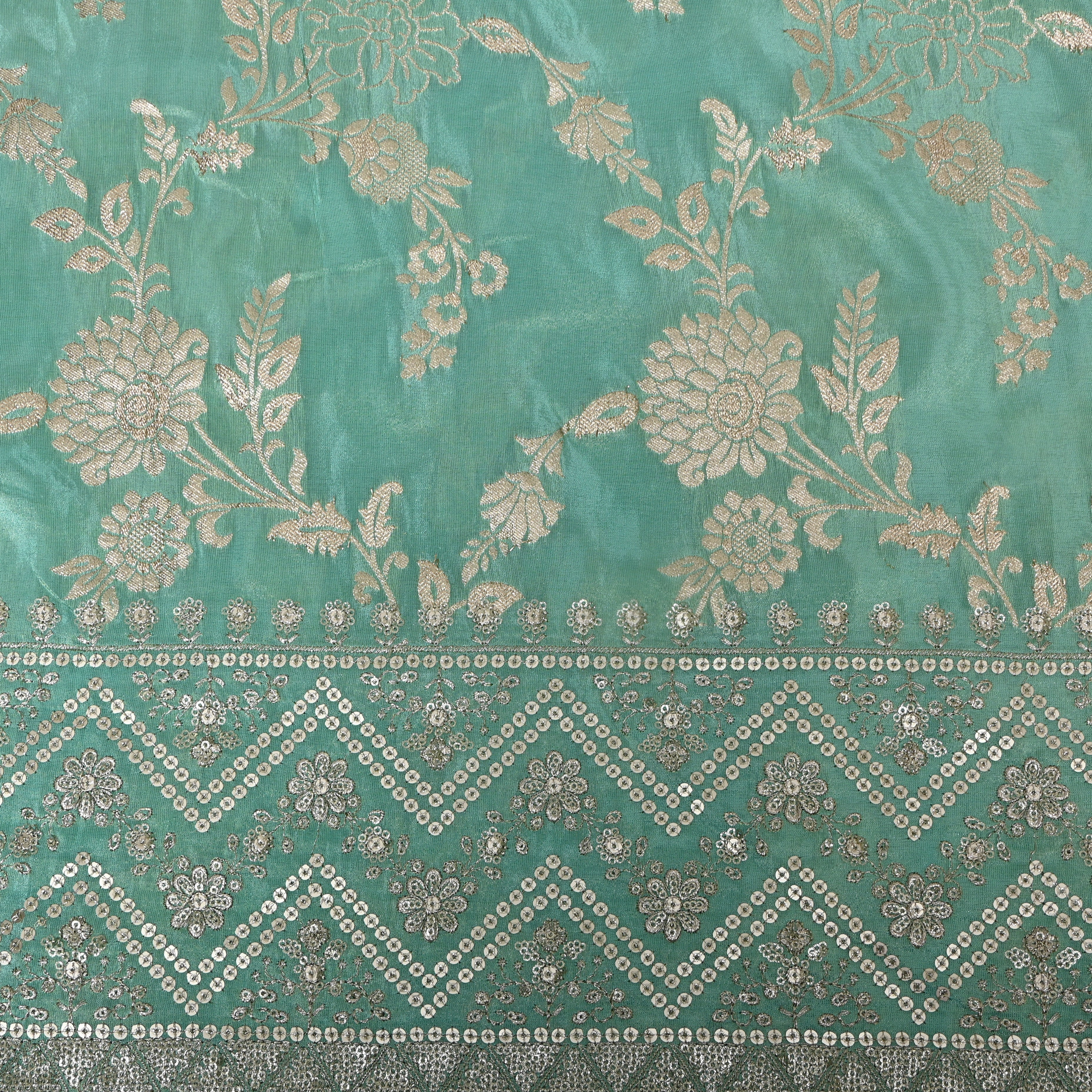 Sea Green Sequin Floral Jaal Border Tissue Fabric