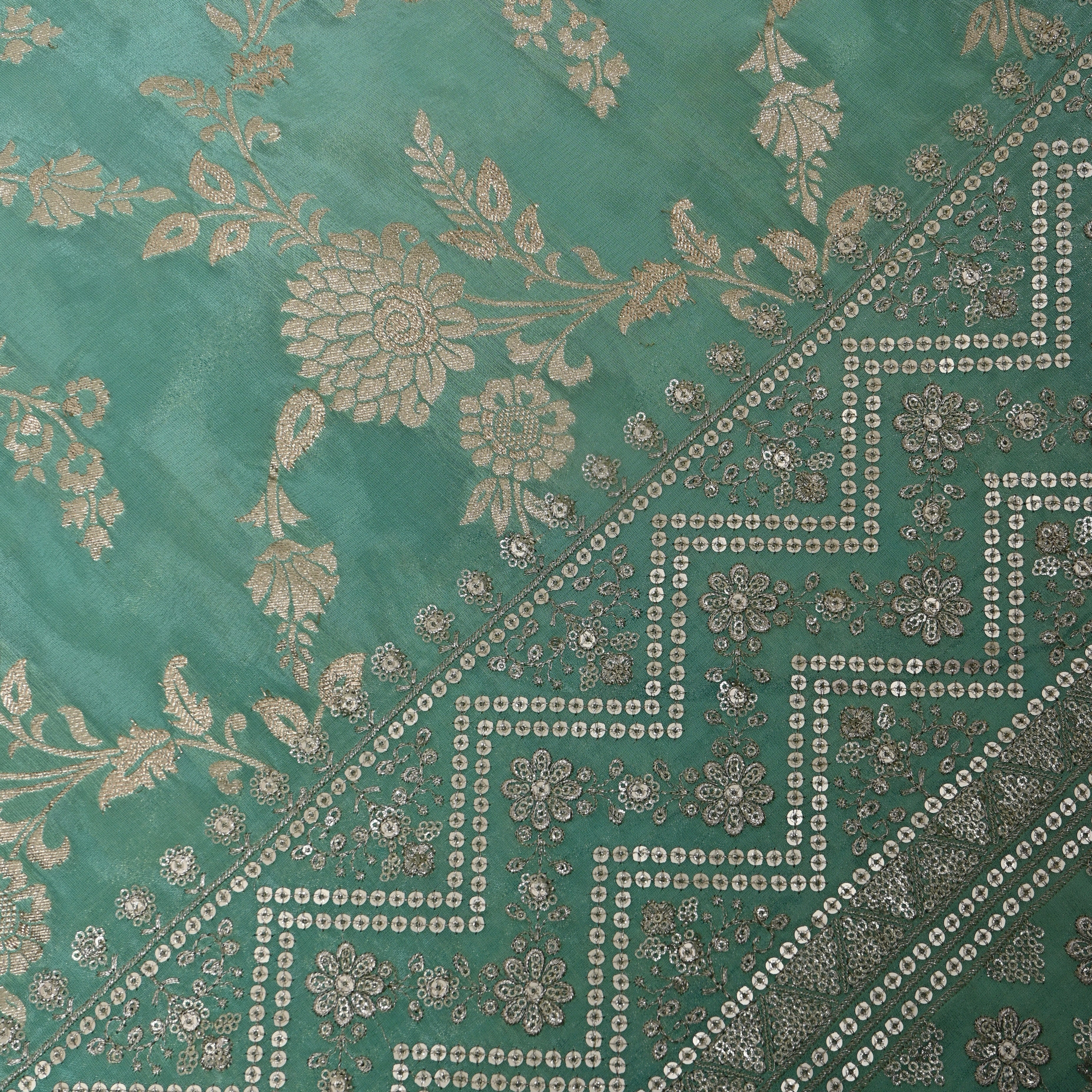 Sea Green Sequin Floral Jaal Border Tissue Fabric