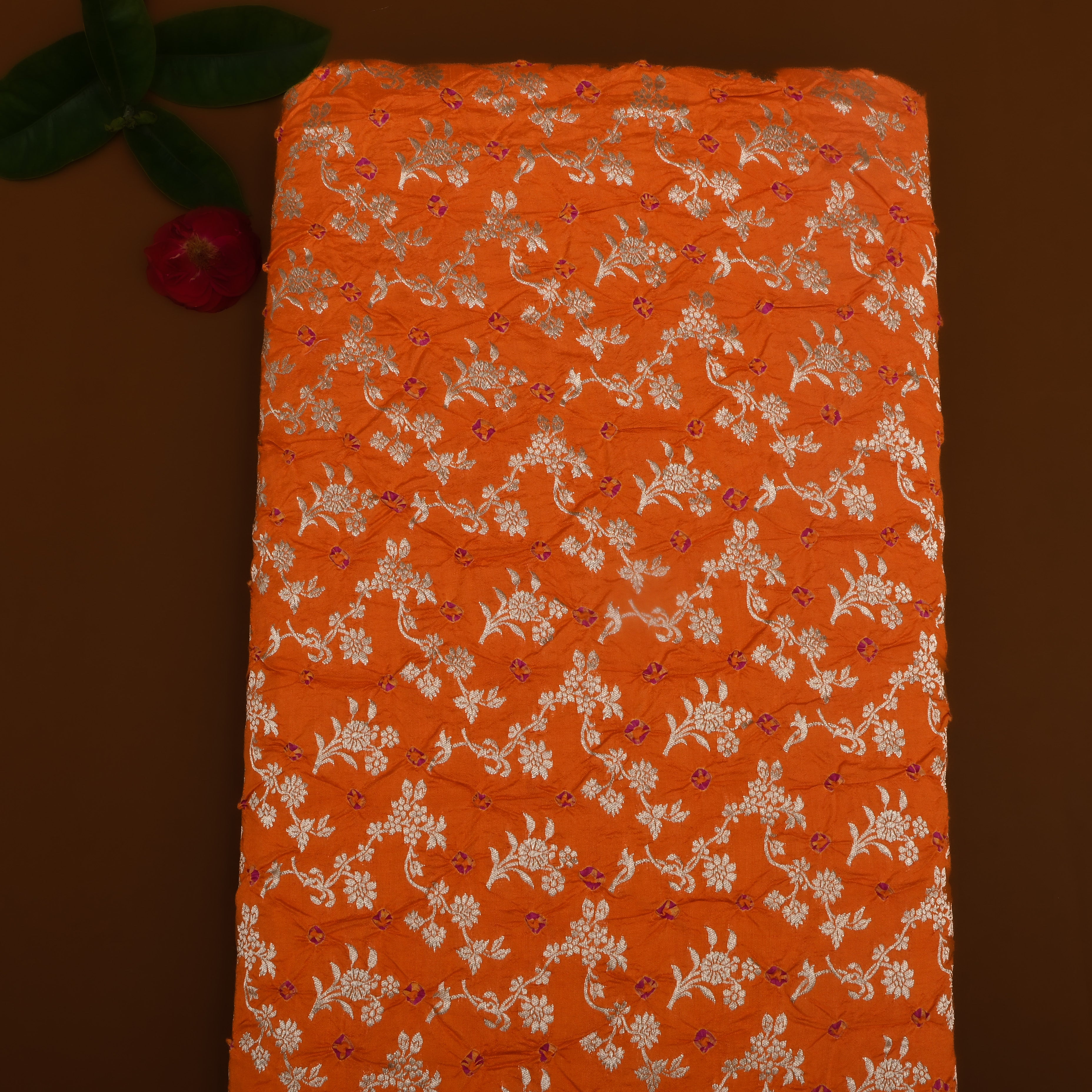 Orange Floral Zari Silk Fabric