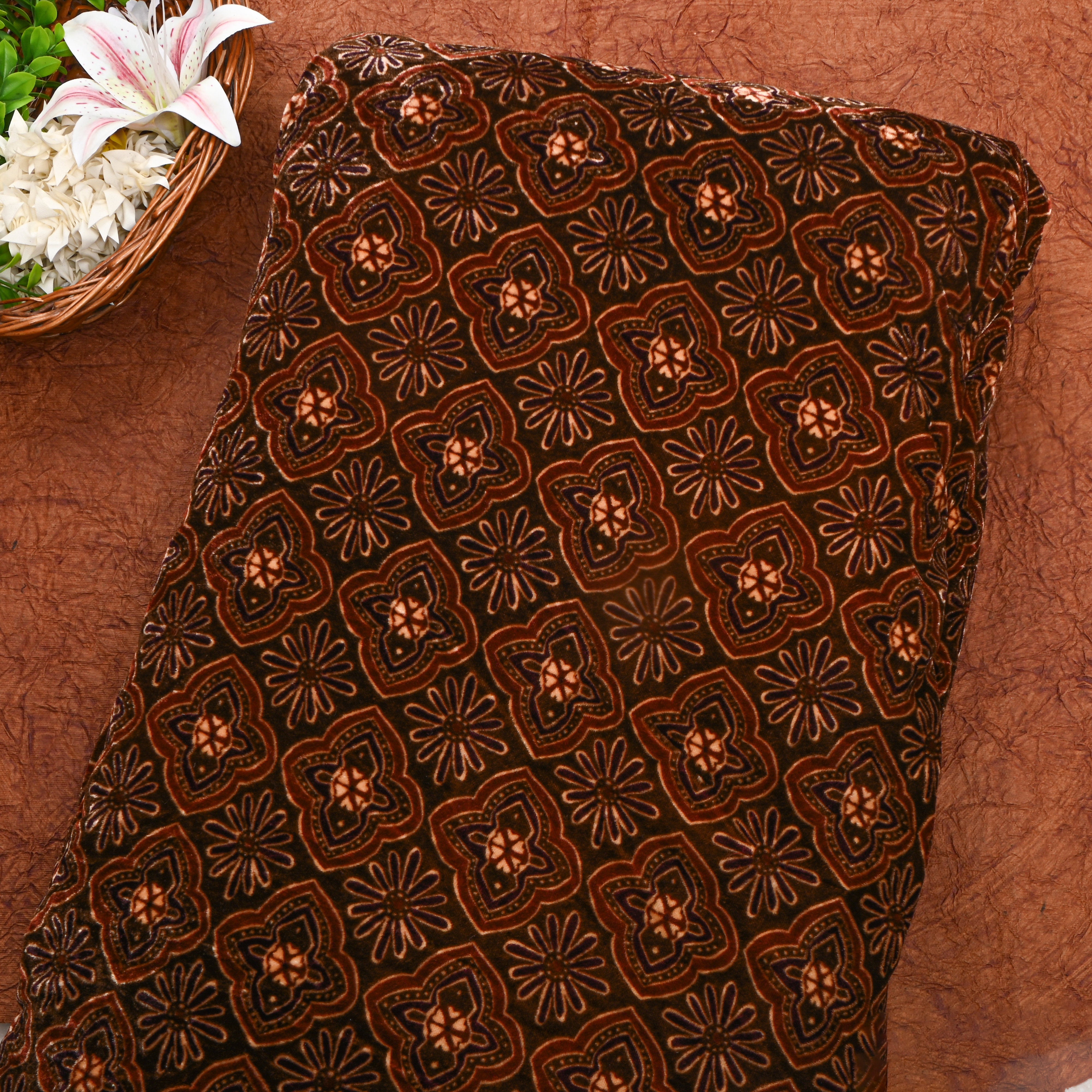Dark Brown Batik Ceplok Printed Velvet Fabric