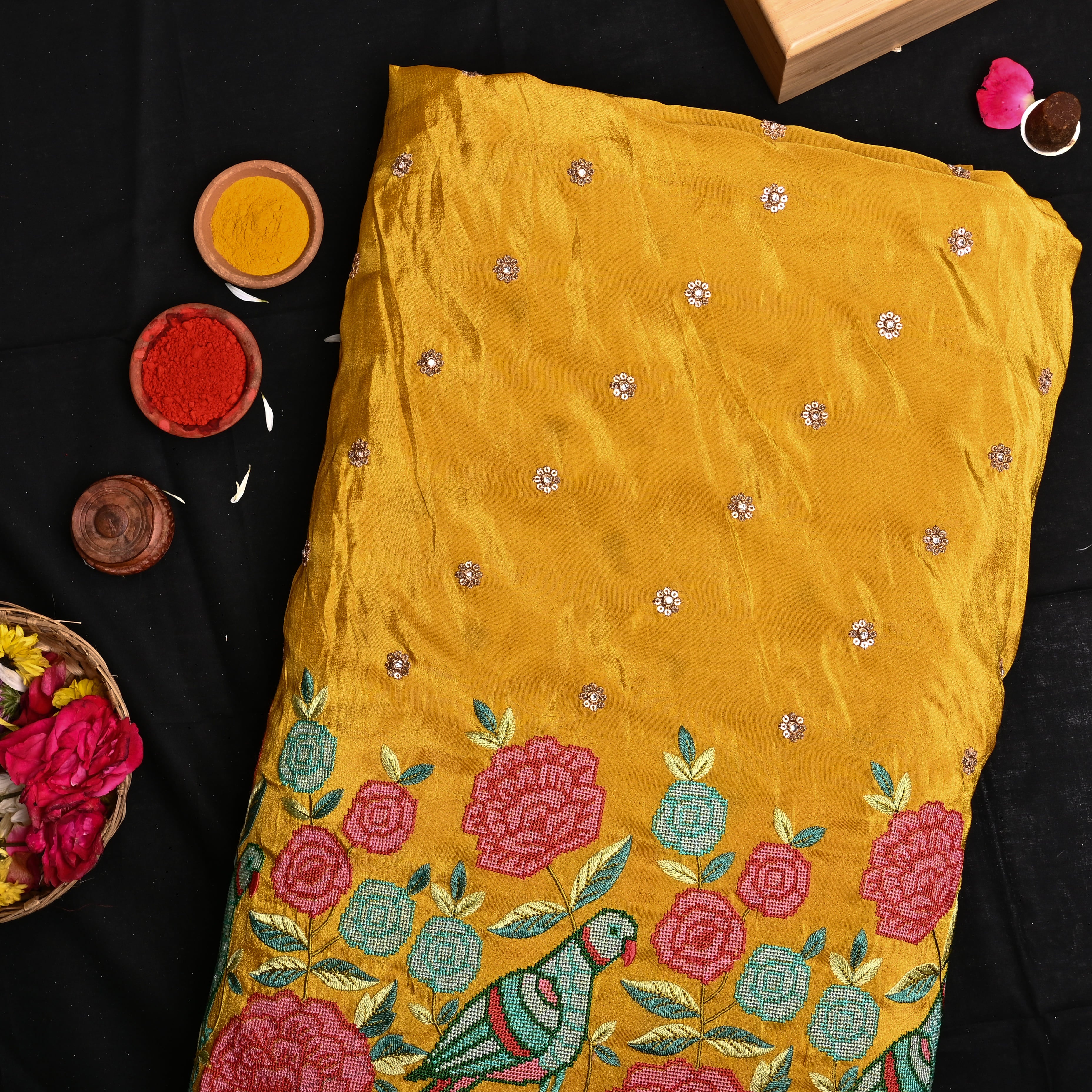 Mustard Yellow Tissue With Petit Point Embroidery