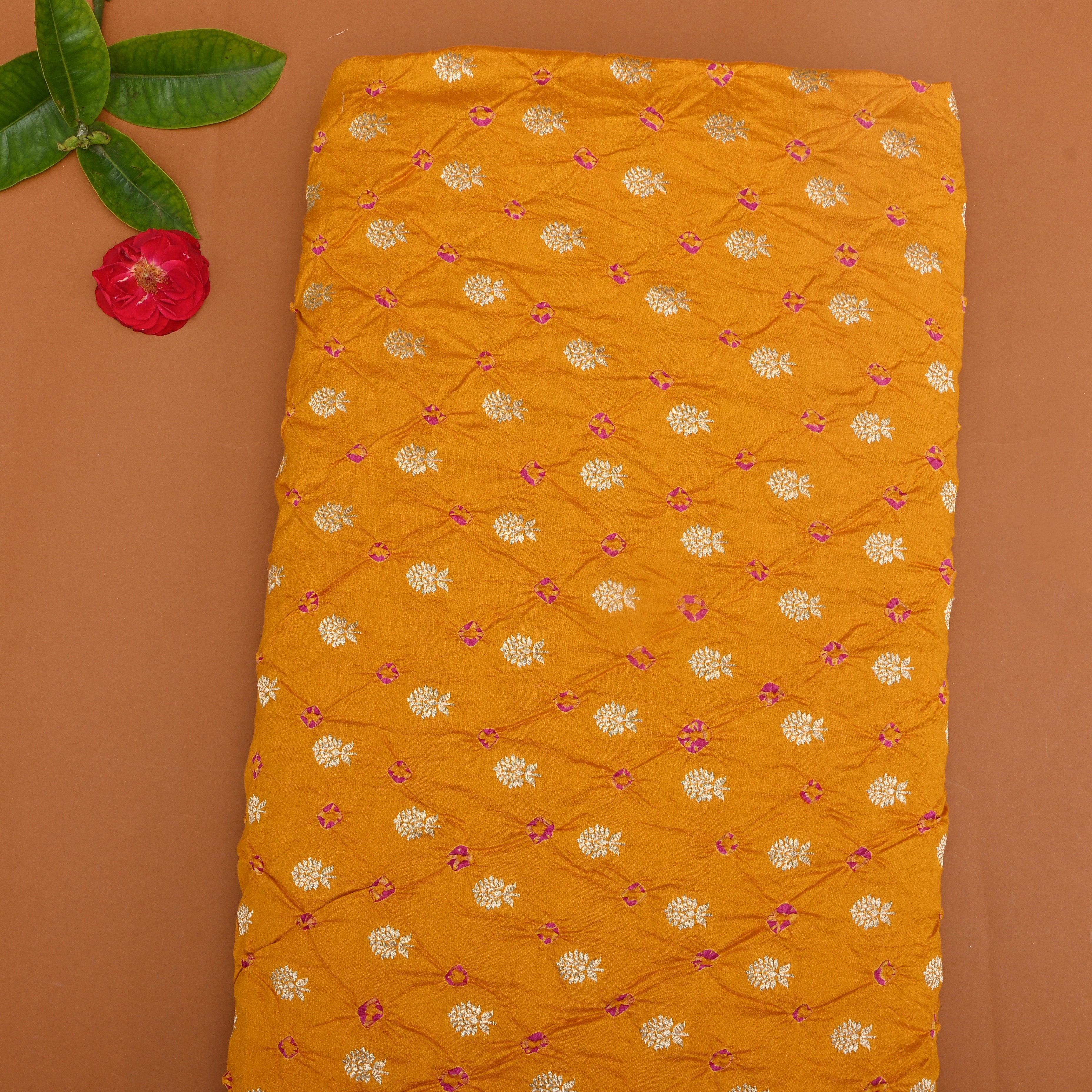 Mustard Yellow Floral Bandhani Silk Fabric