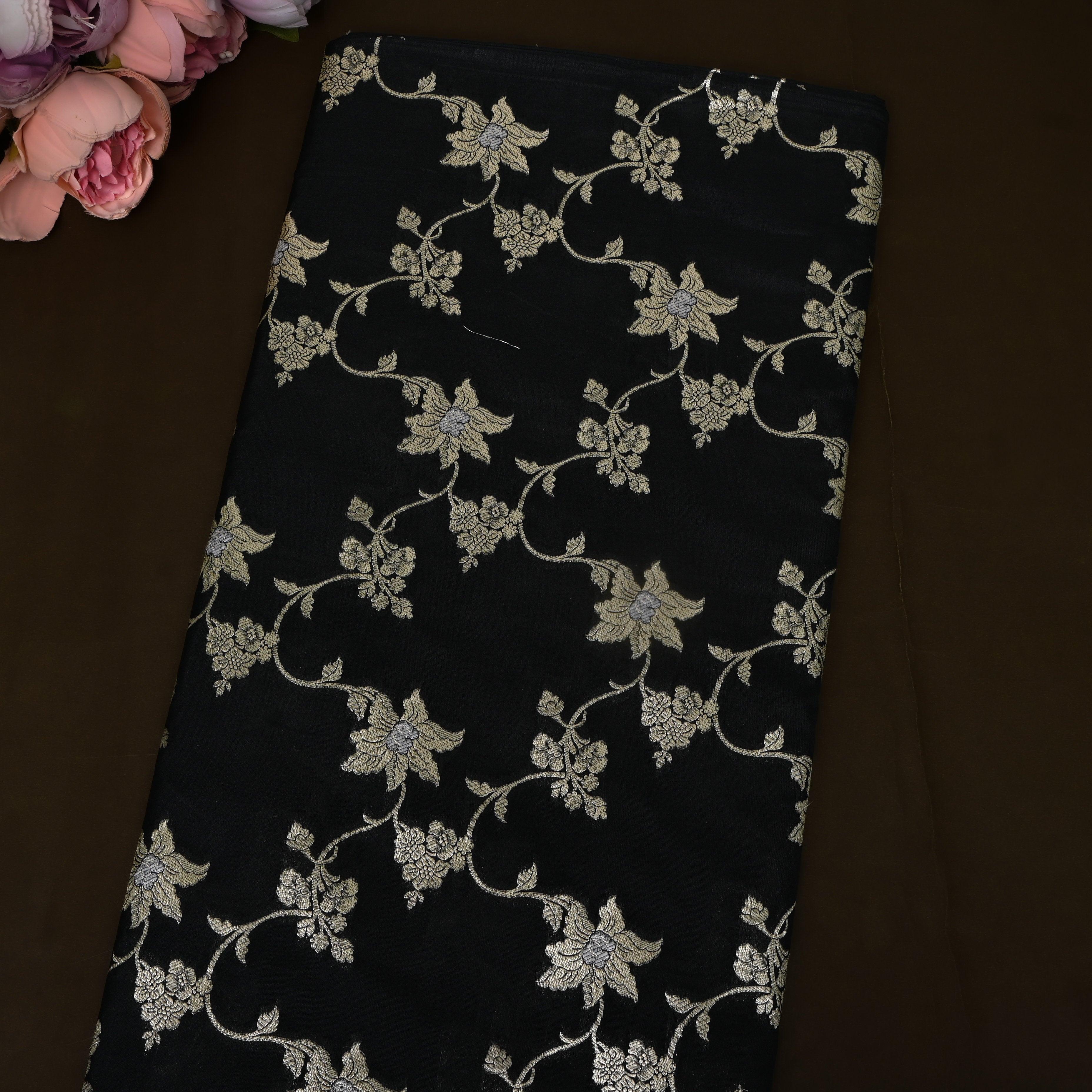 Midnight Black Antique Gold Floral Parsi Jamawar Fabric