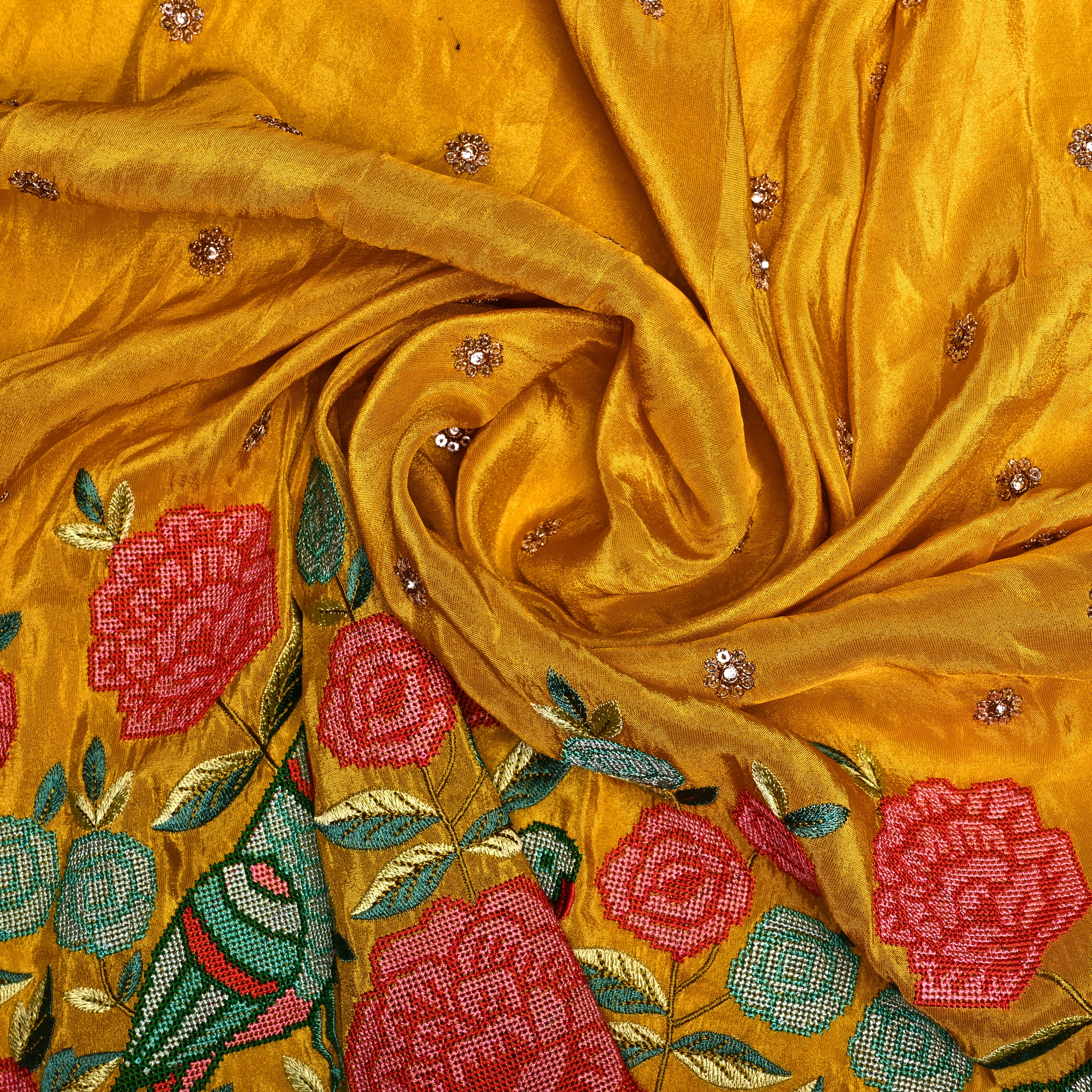 Mustard Yellow Tissue With Petit Point Embroidery