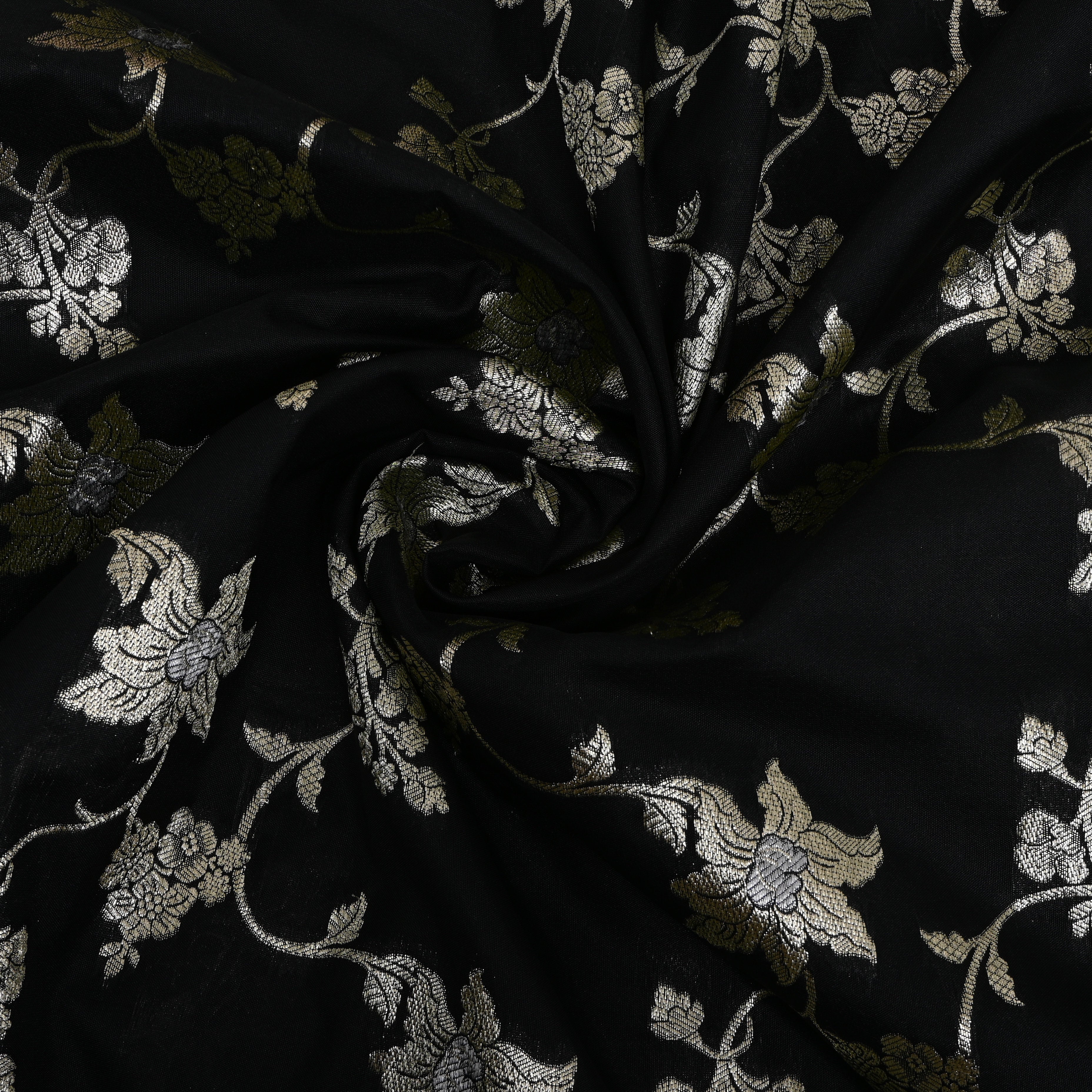 Midnight Black Antique Gold Floral Parsi Jamawar Fabric
