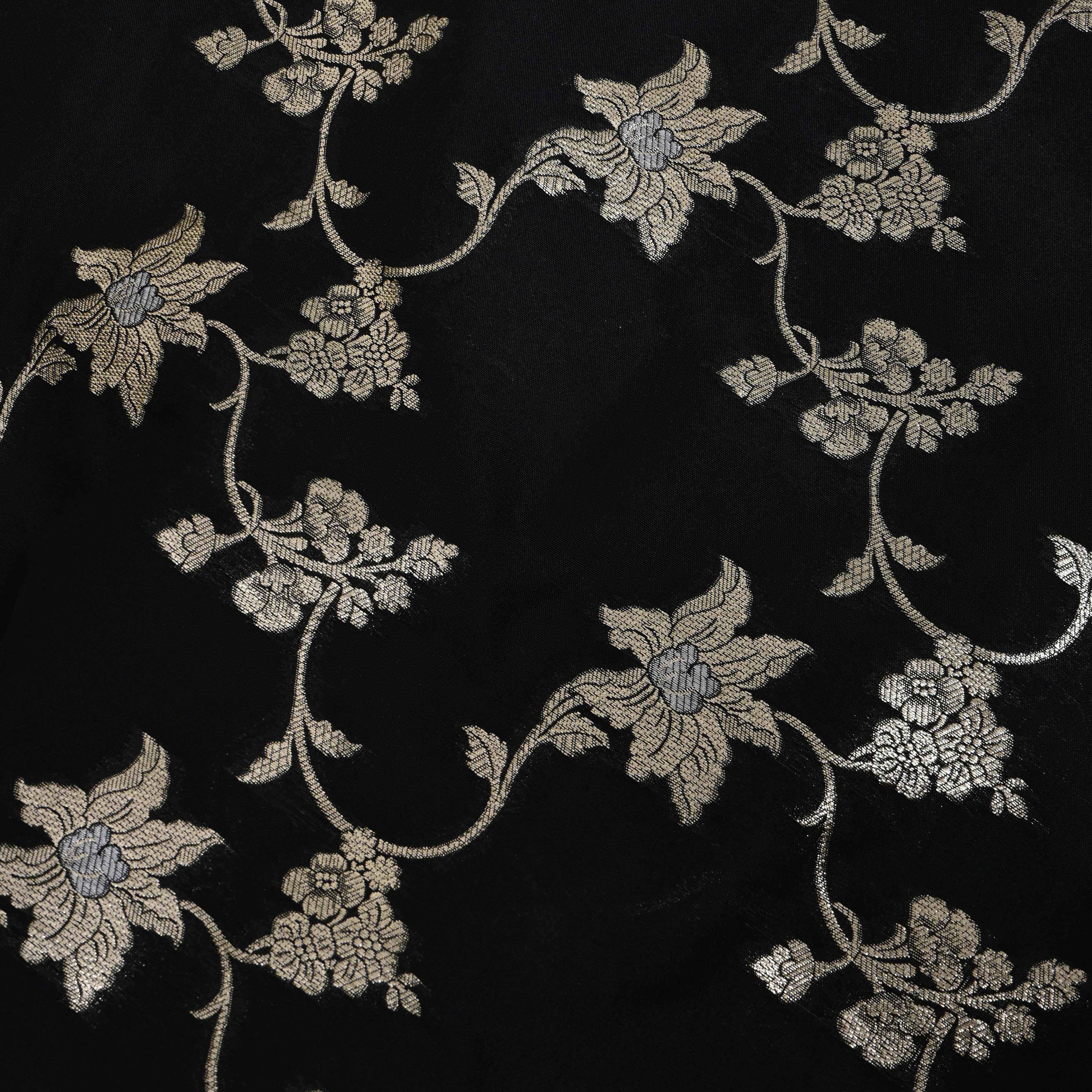 Midnight Black Antique Gold Floral Parsi Jamawar Fabric