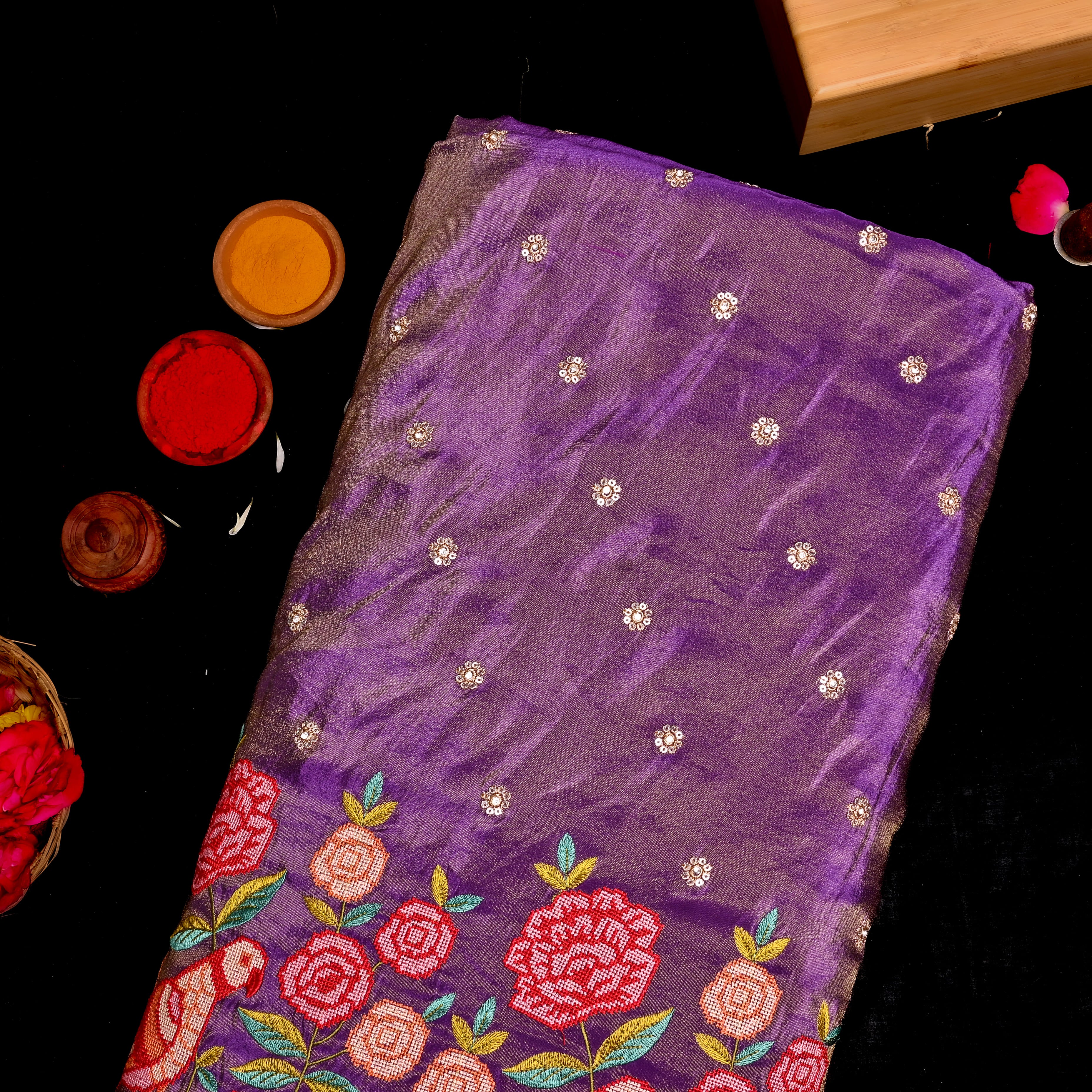 Purple Tissue Fabric With Petit Point Embroidery