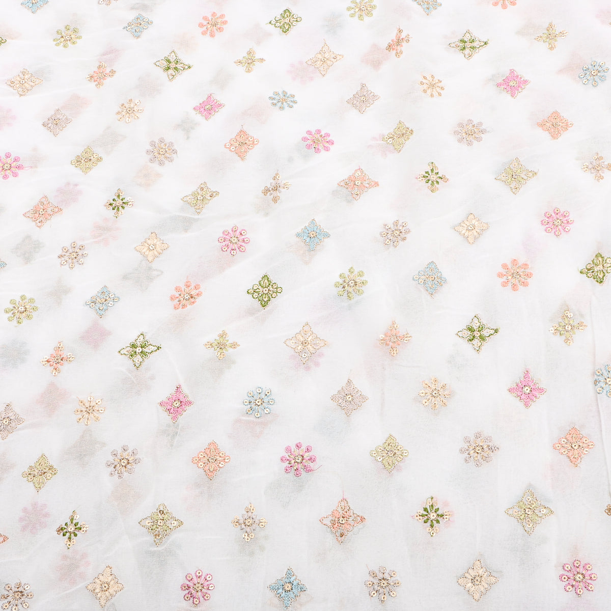 Snow White Gold Thread Butti Embroidery Georgette Fabric
