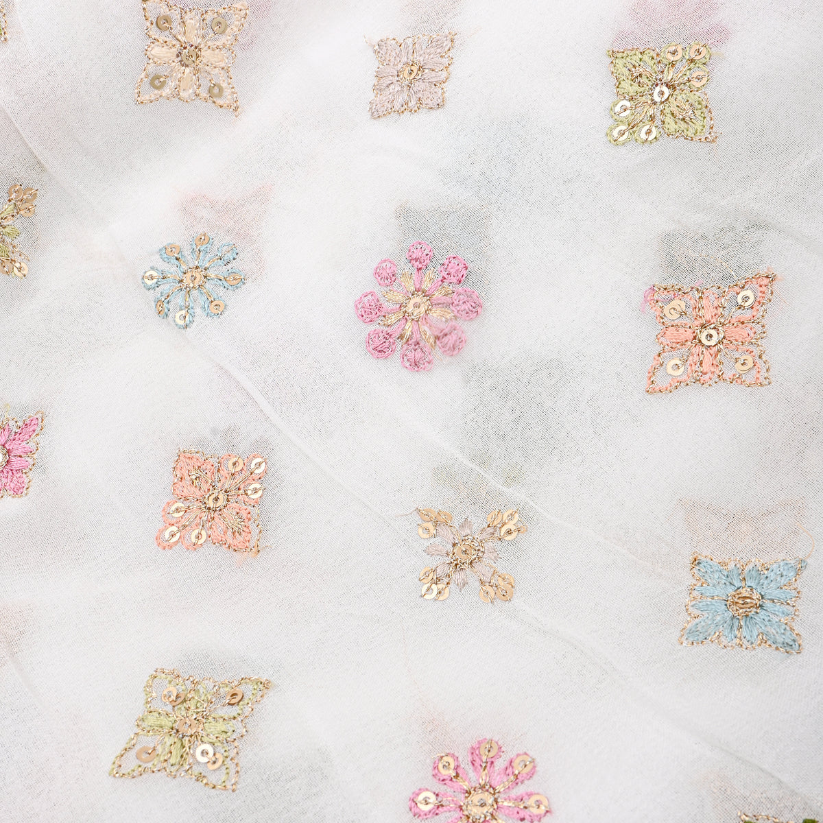 Snow White Gold Thread Butti Embroidery Georgette Fabric