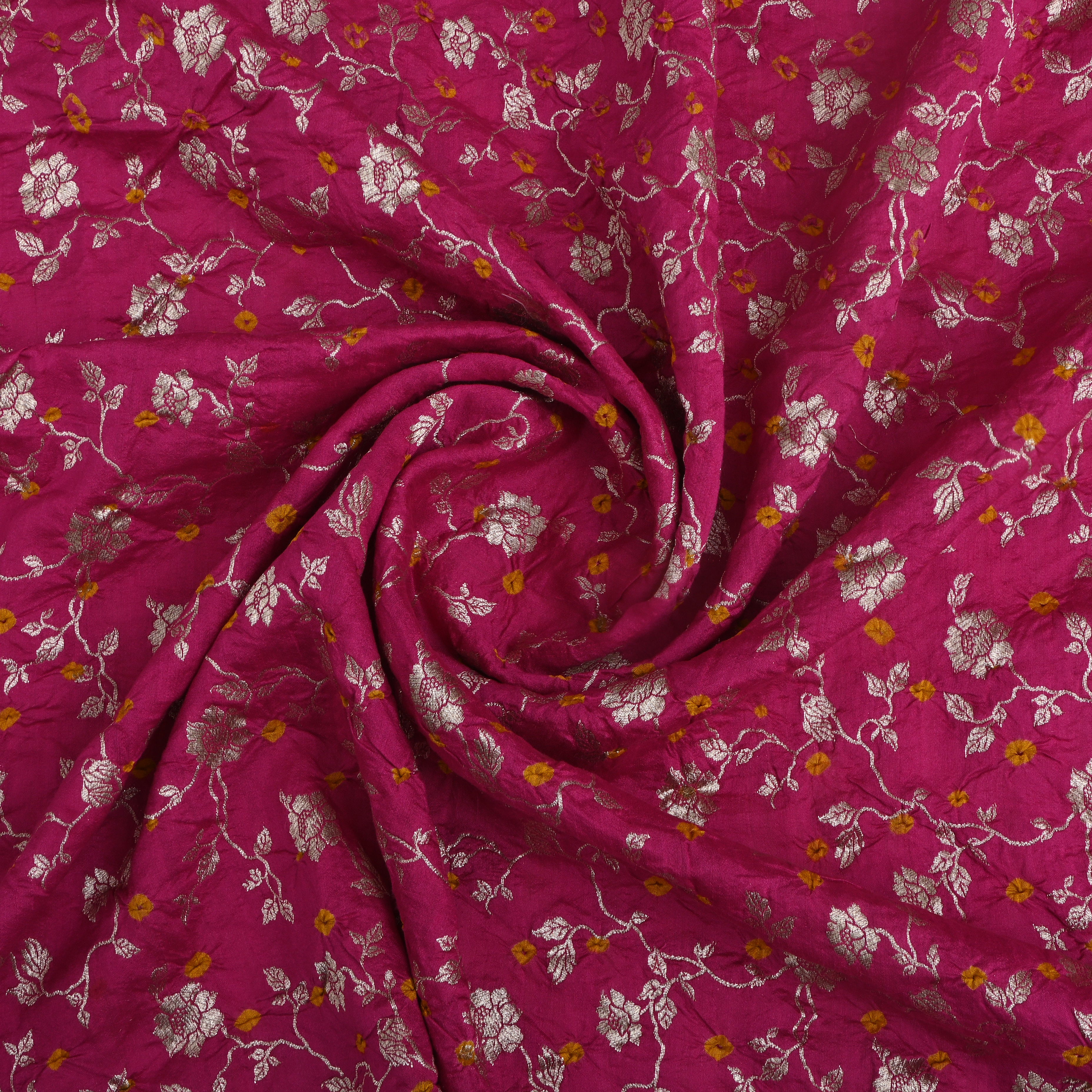 Hot Pink Floral Bandhani Silk Fabric