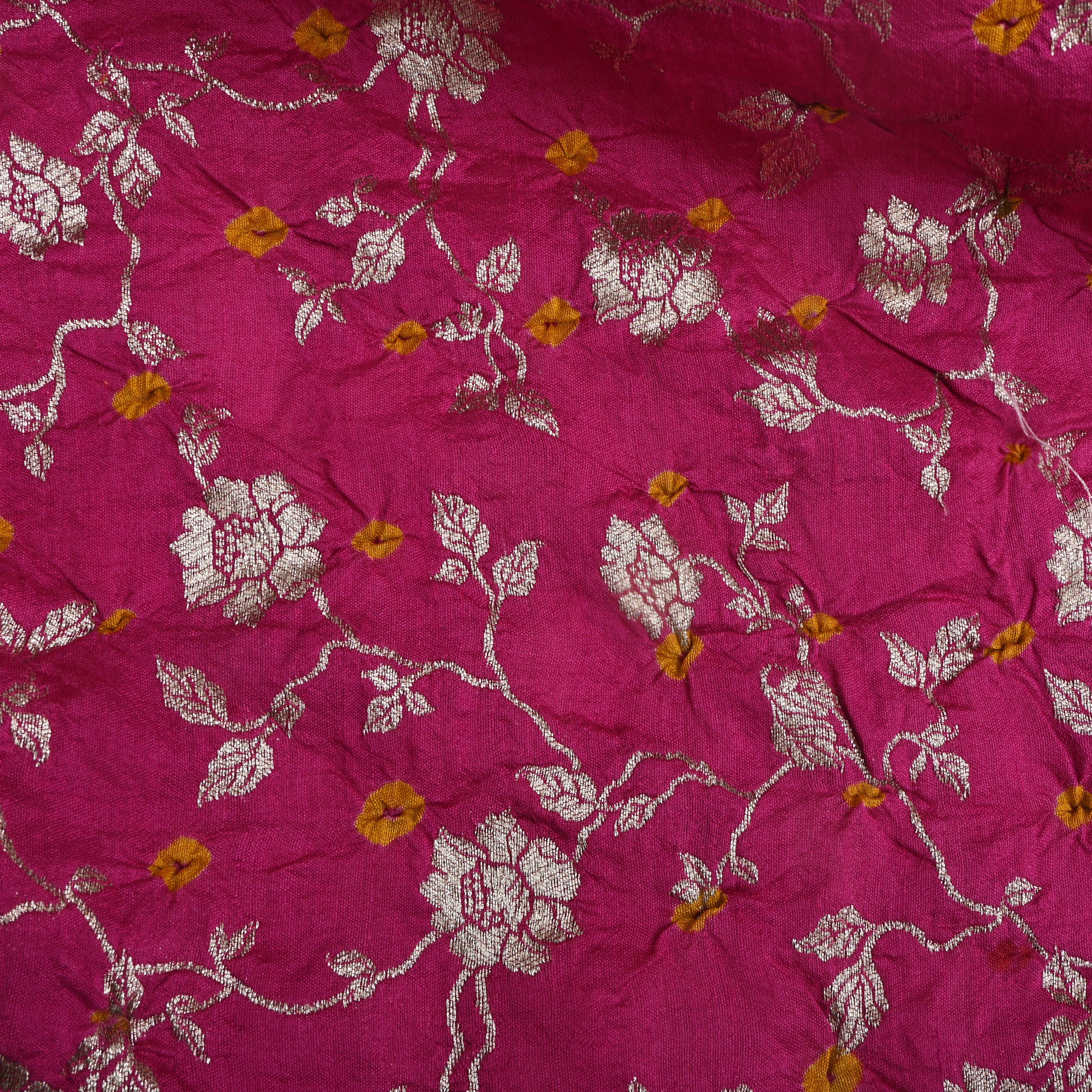 Hot Pink Floral Bandhani Silk Fabric