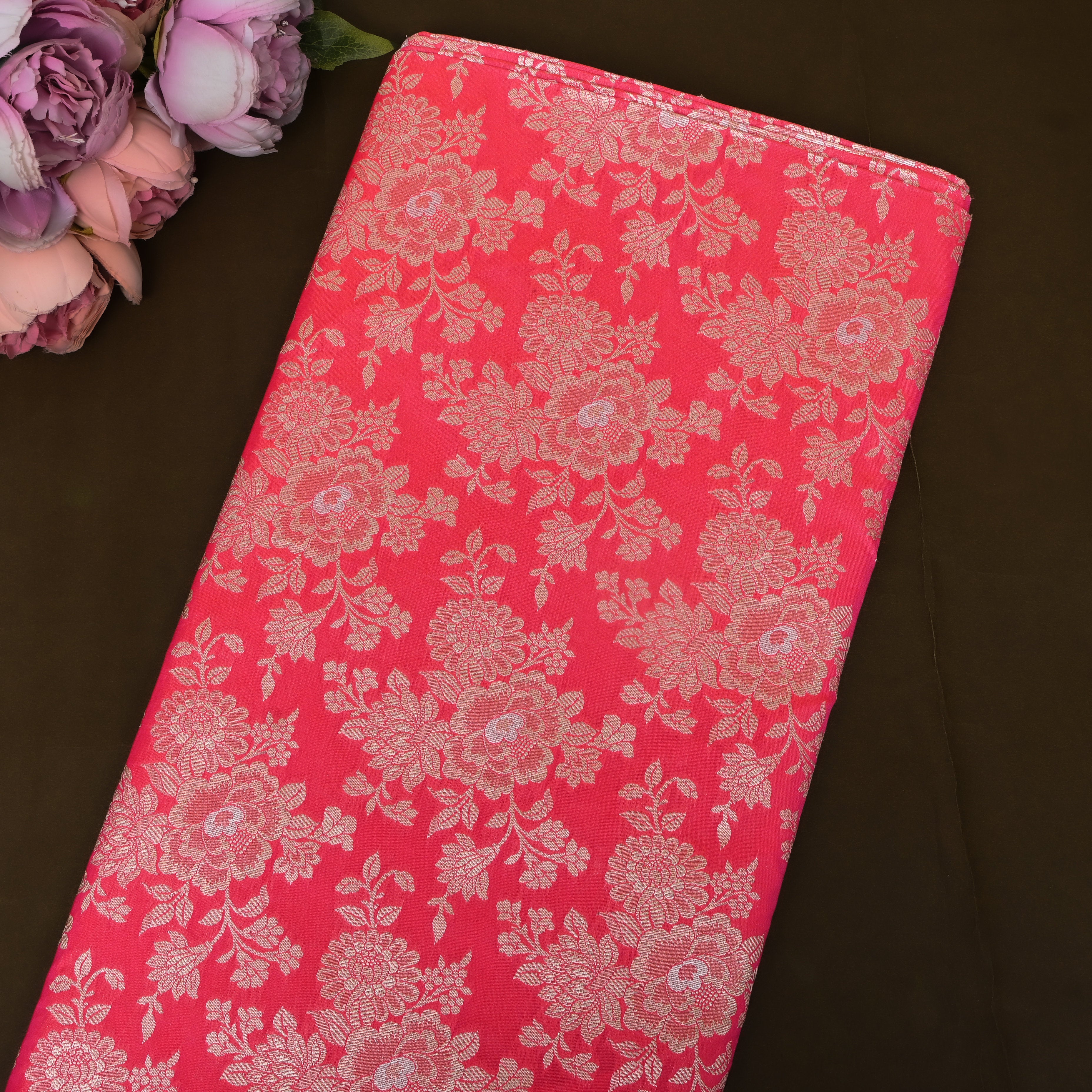 Coral Red Golden Rose Bouquet Jamawar Silk