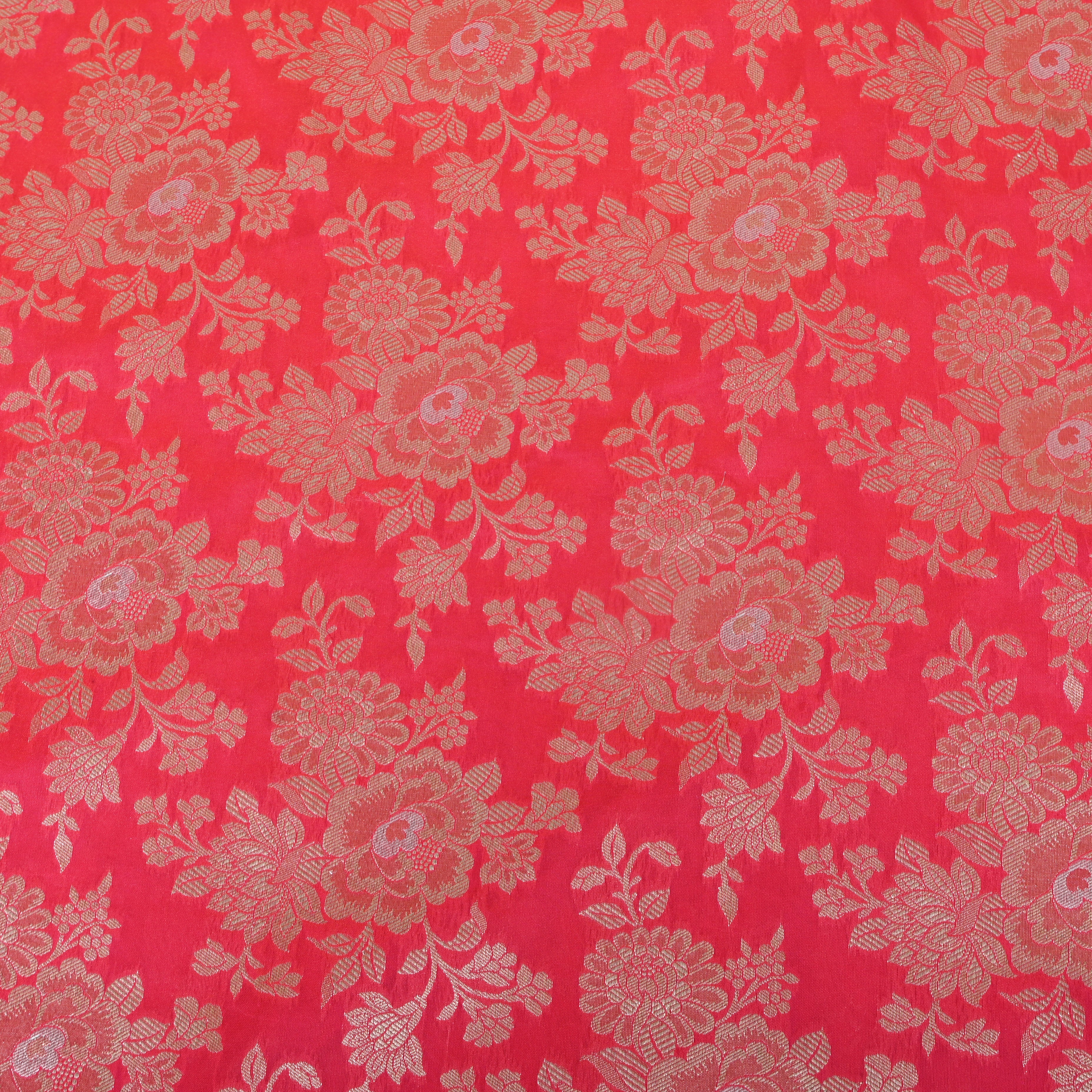 Coral Red Golden Rose Bouquet Jamawar Silk